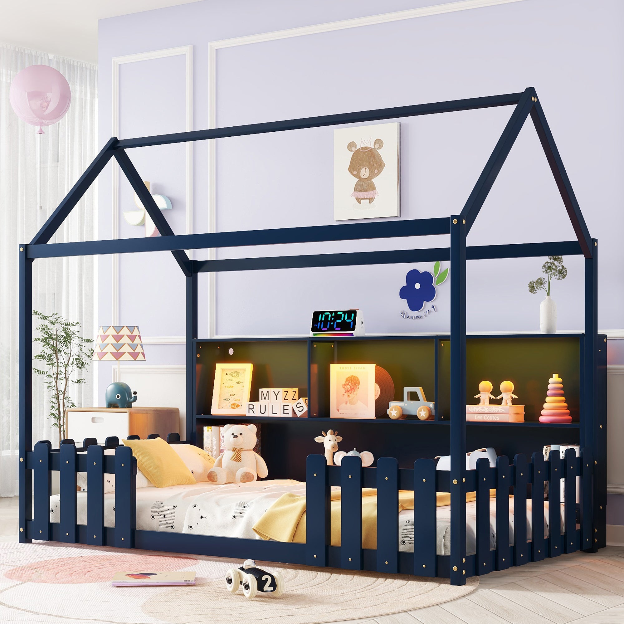 Navy Twin Kids Wood House Bed: LED, Storage, Guardrails, Floor
