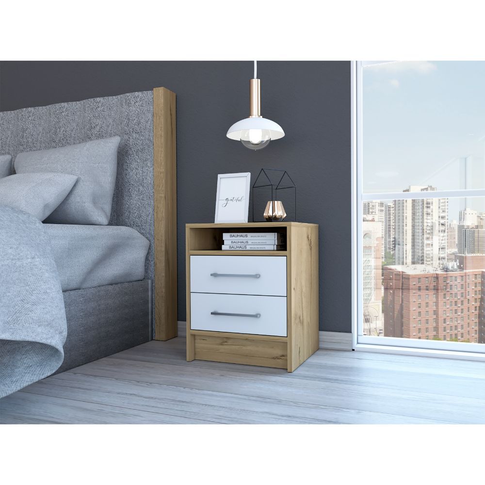Eter Nightstand End Side Table - 2 Drawers, White/Light Oak