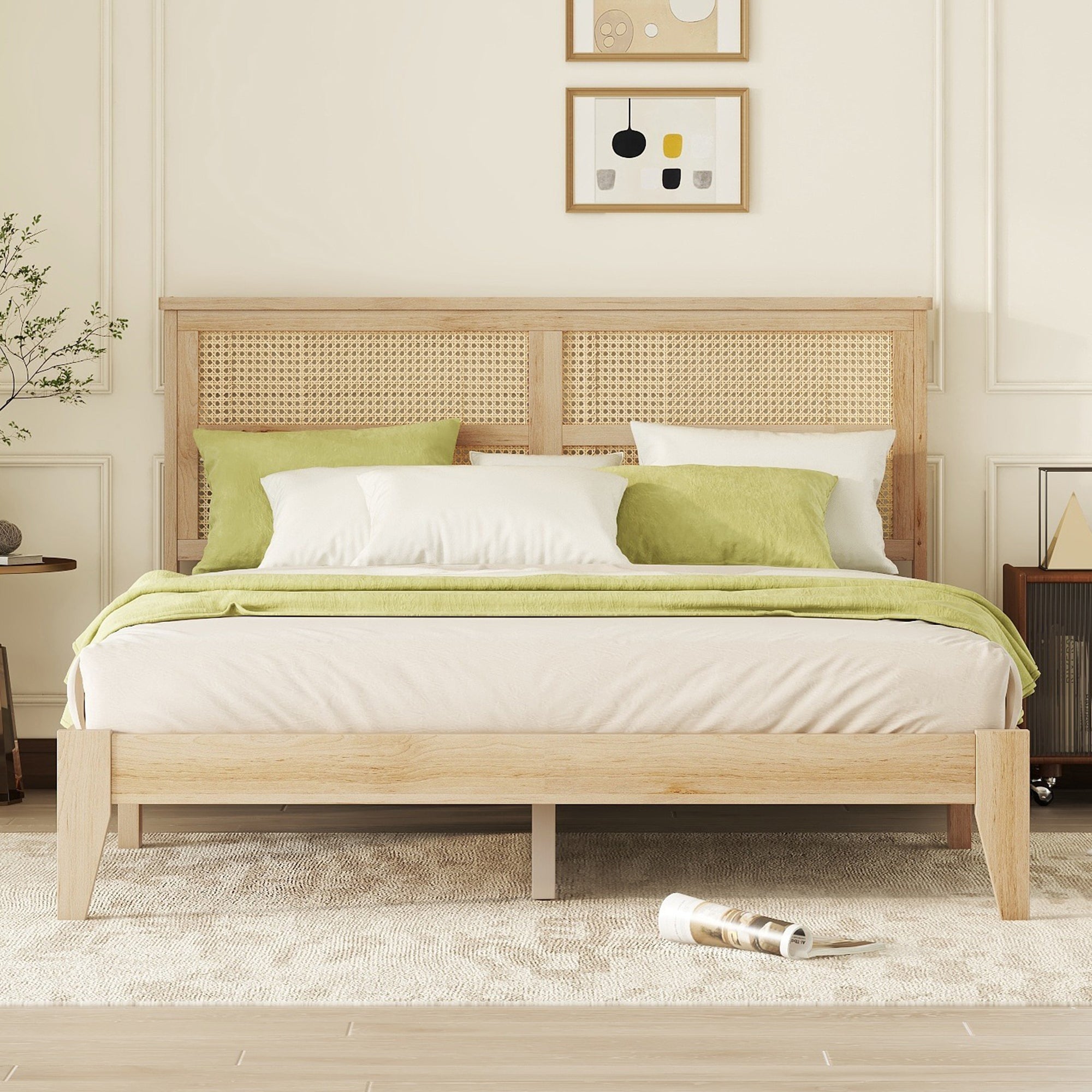 Queen Oak Bed: Solid Wood, Rattan Headboard
