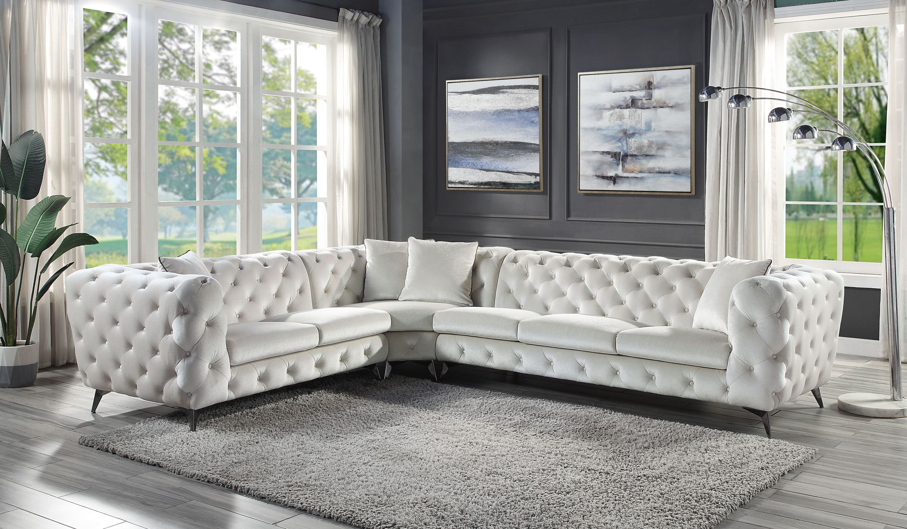 Atronia Beige Fabric Sectional Sofa with 4 Pillows