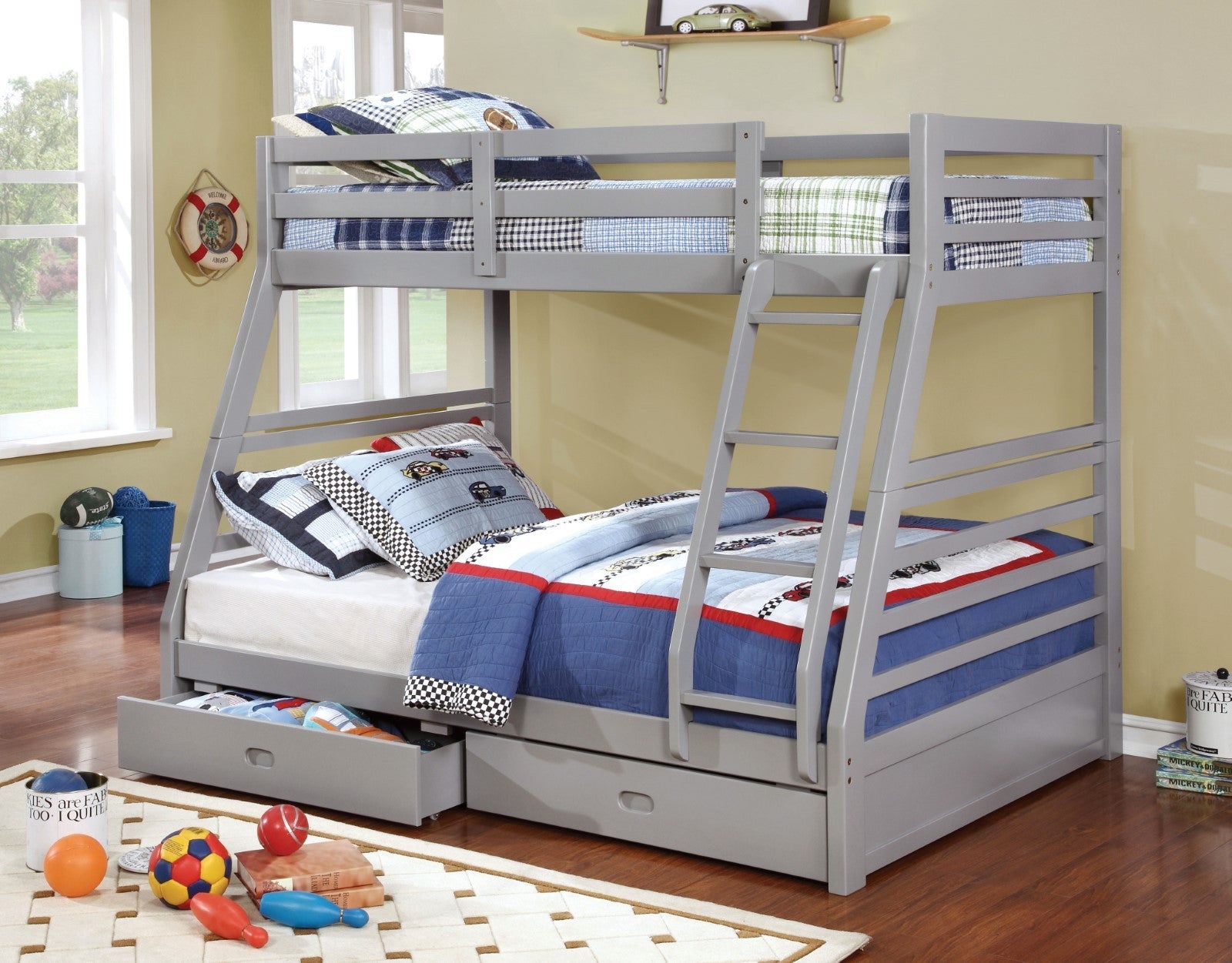 Modern Gray Twin/Full Bunk Bed with Storage Drawers & Ladder Solid Wood