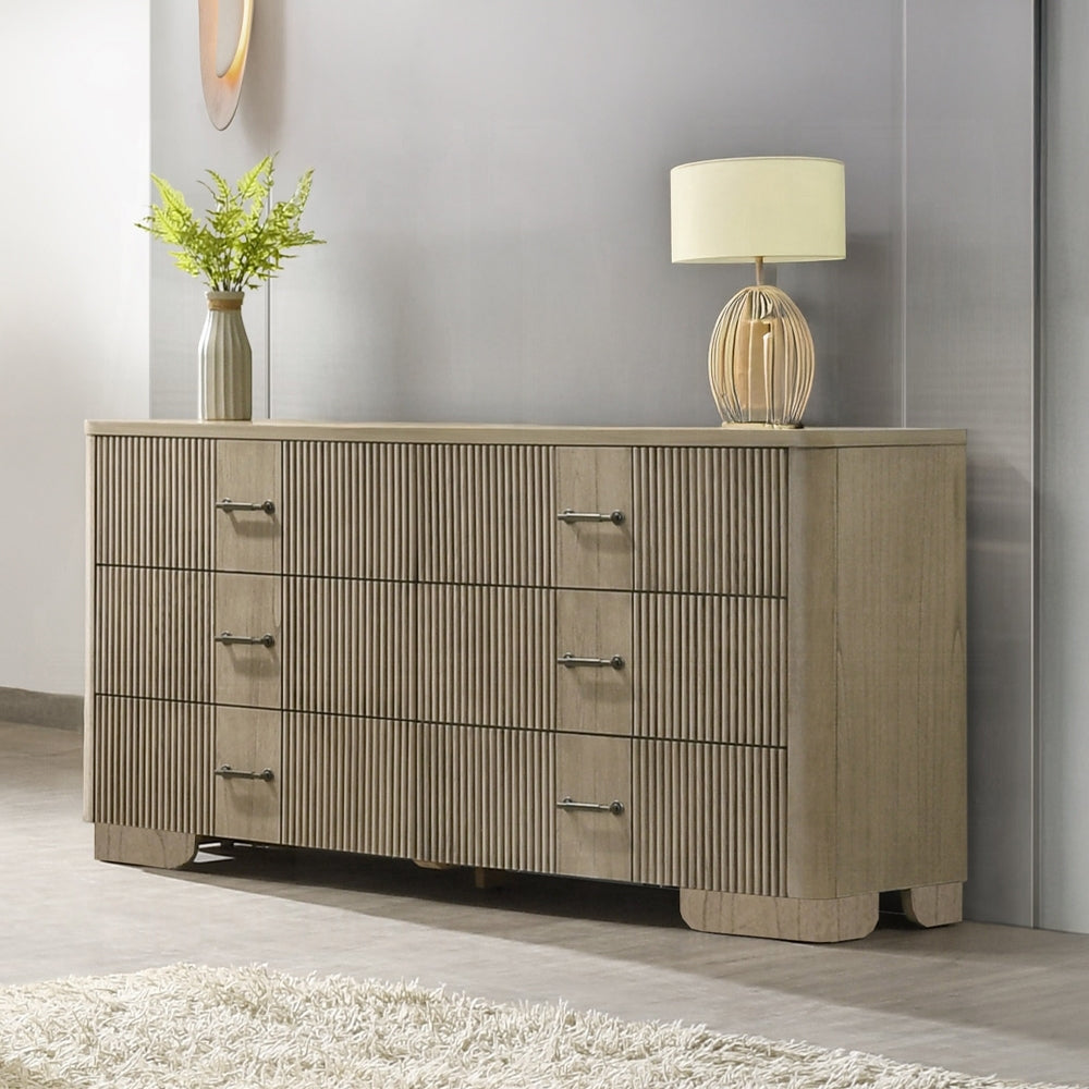 Transitional 6-Drawer Dresser: Reeded Front, Antique Oak Wood