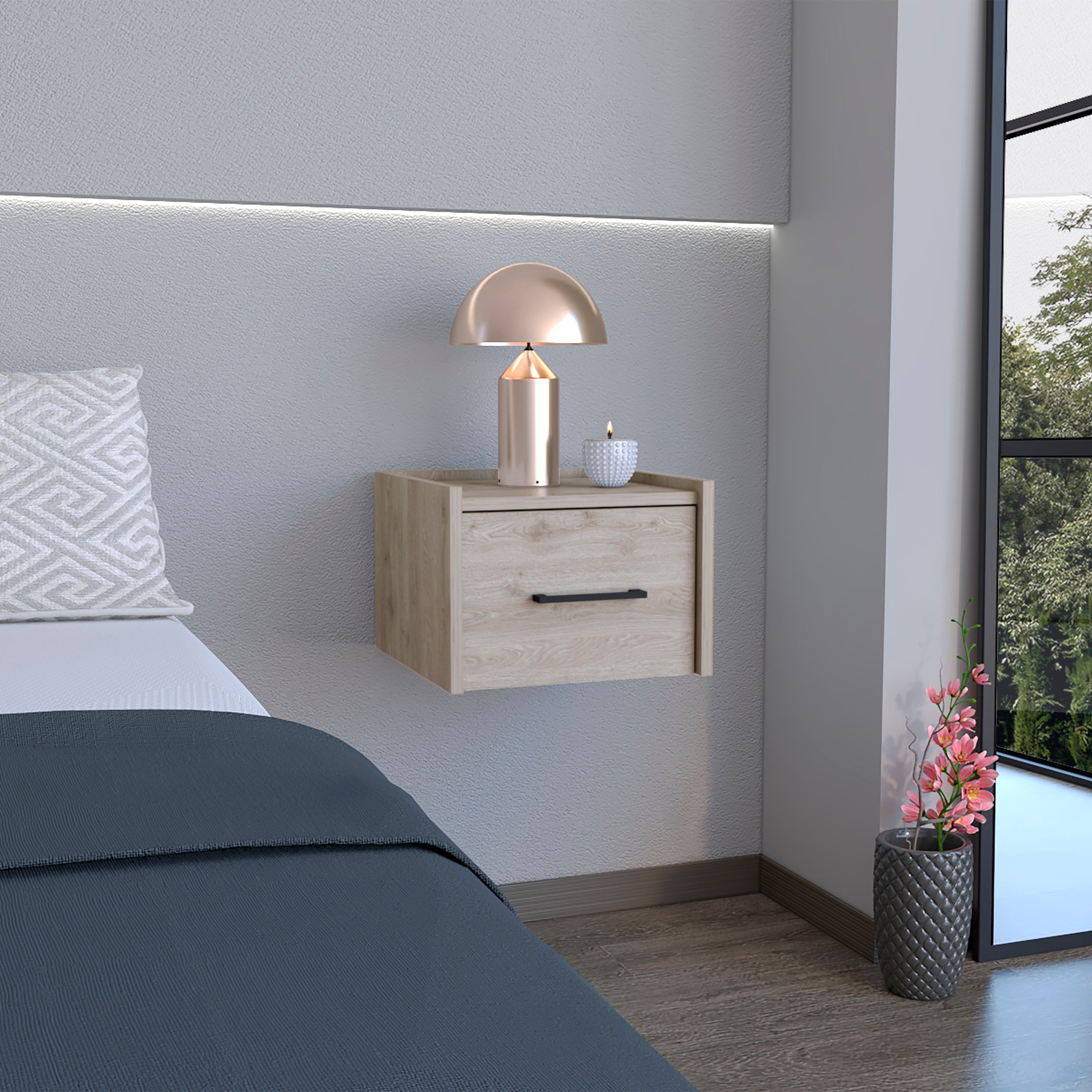 Floating Nightstand Light Gray | Space-Saving Drawer & Surface