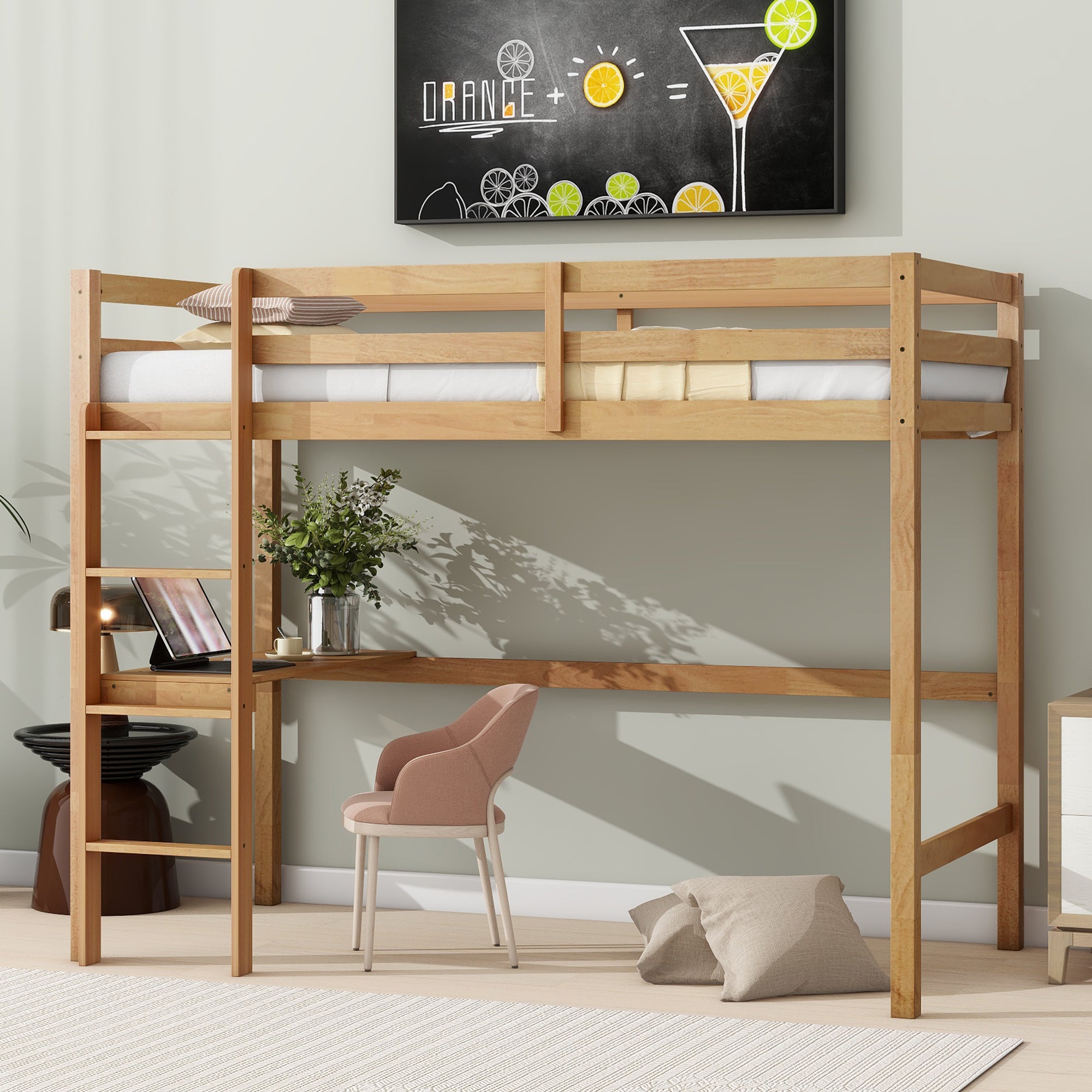 Twin High Loft Bed: Desk, Ladder, Guardrail, Rubberwood White Oak