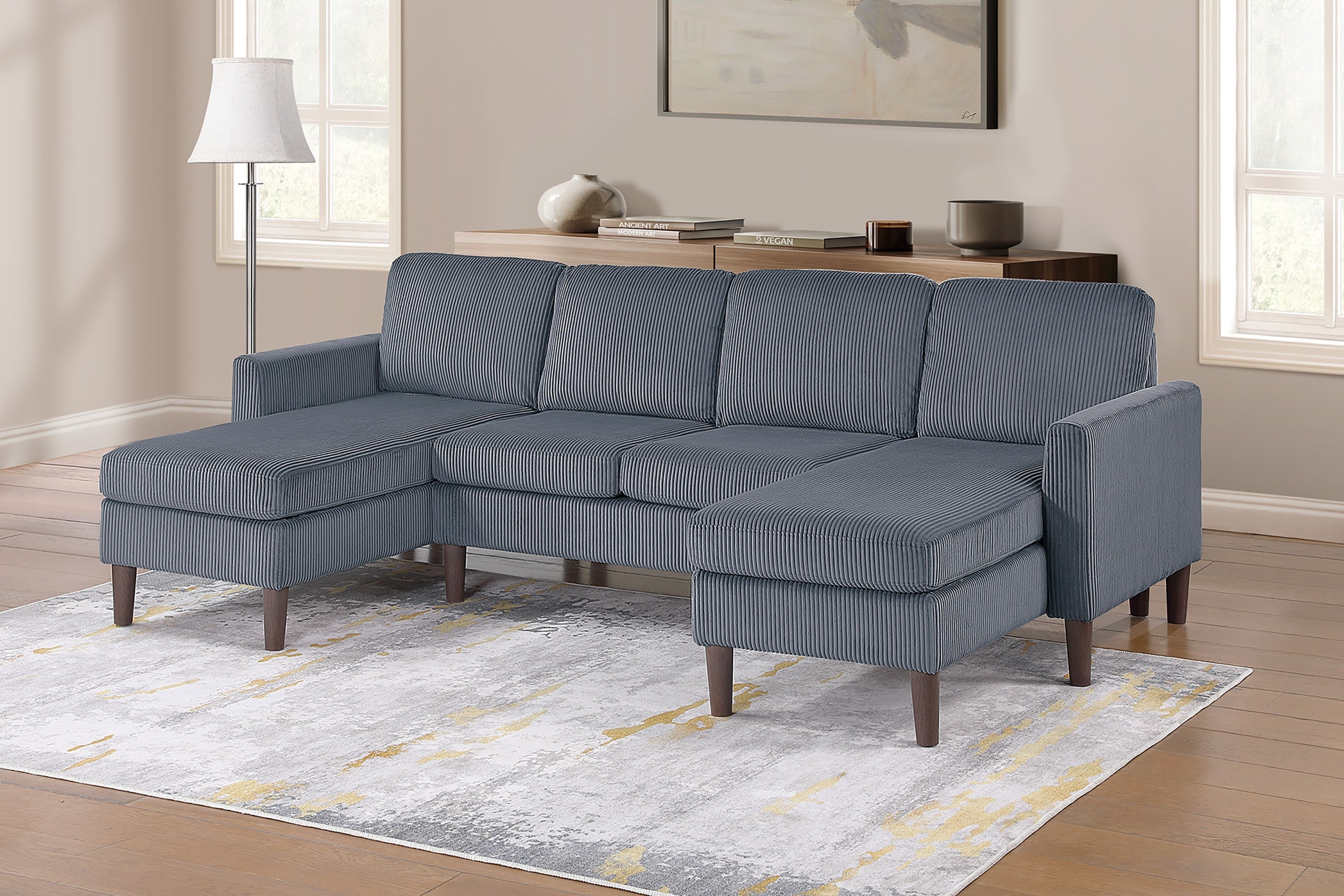 Dark Gray Corduroy 3pc Sectional Chaise Loveseat Modern Sofa