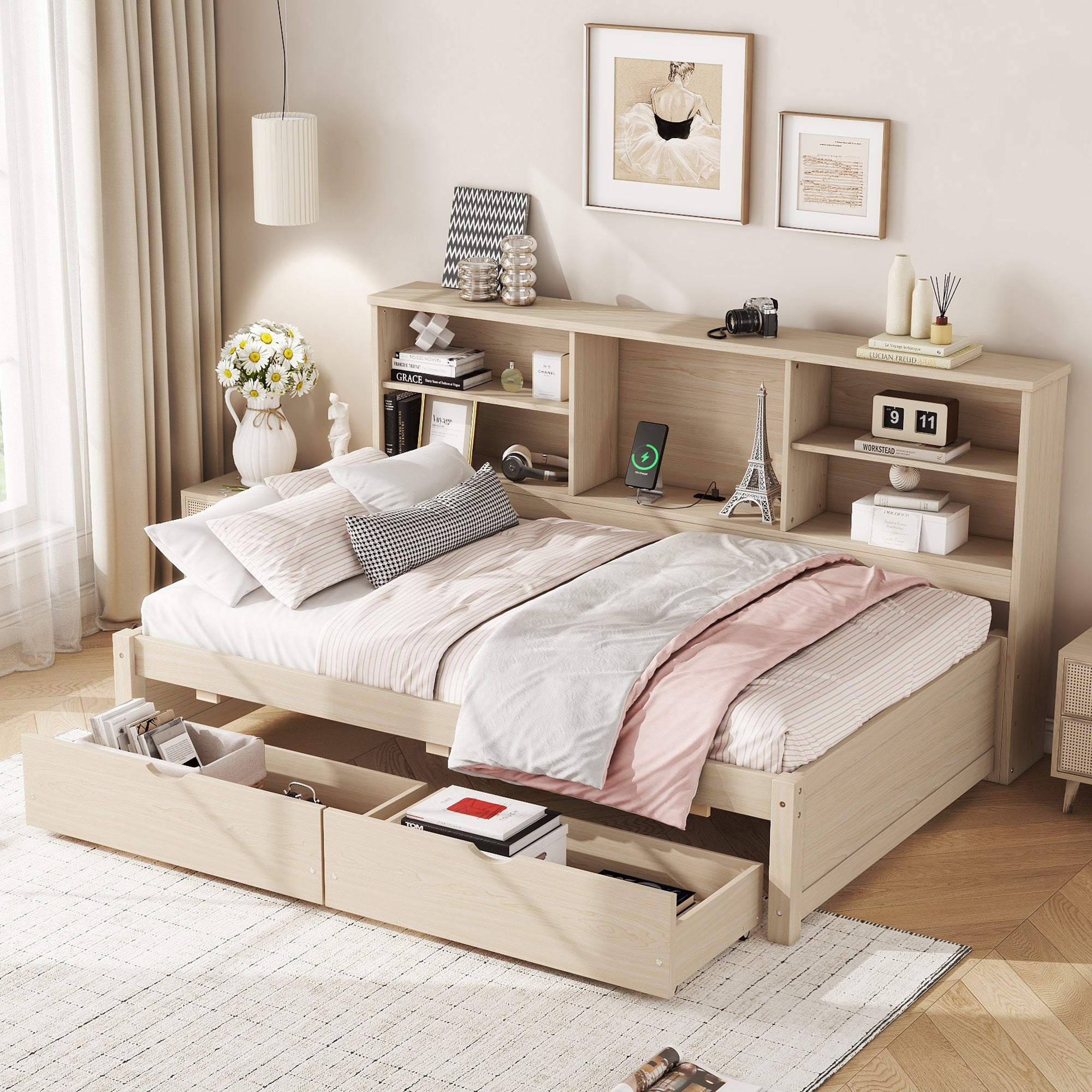 Twin Bed Frame w/ Shelves, Drawers & USB