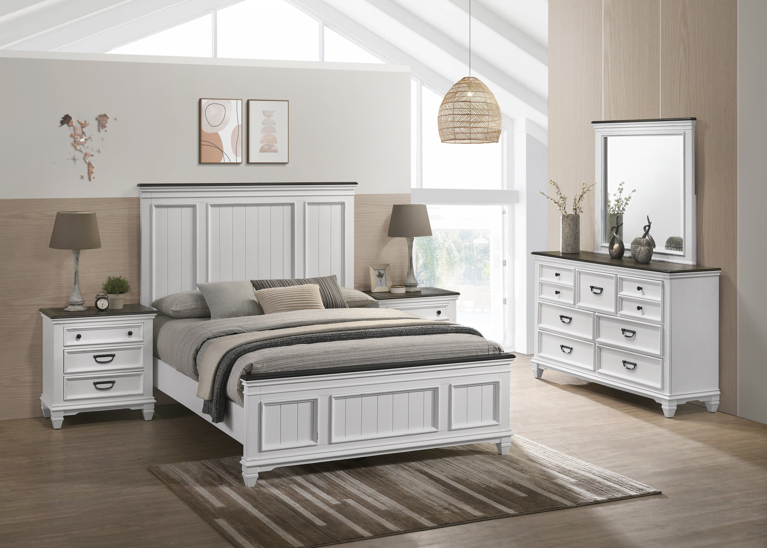 Clelane Wood Bedroom Set: Shiplap Queen Bed, Dresser, Mirror, 2 Nightstands