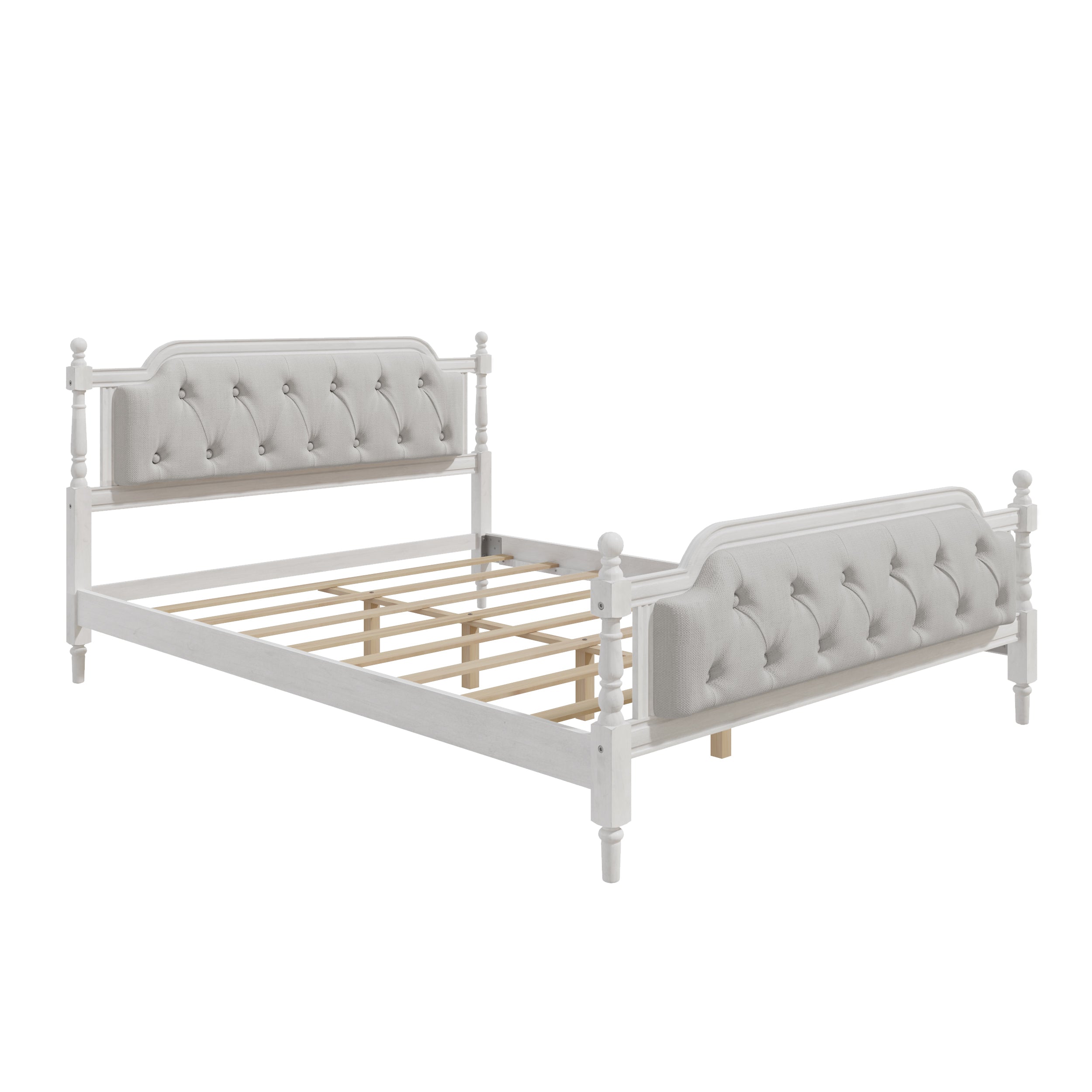 Queen Solid Wood Bed Frame | Tufted Upholstered Headboard | No Box Spring