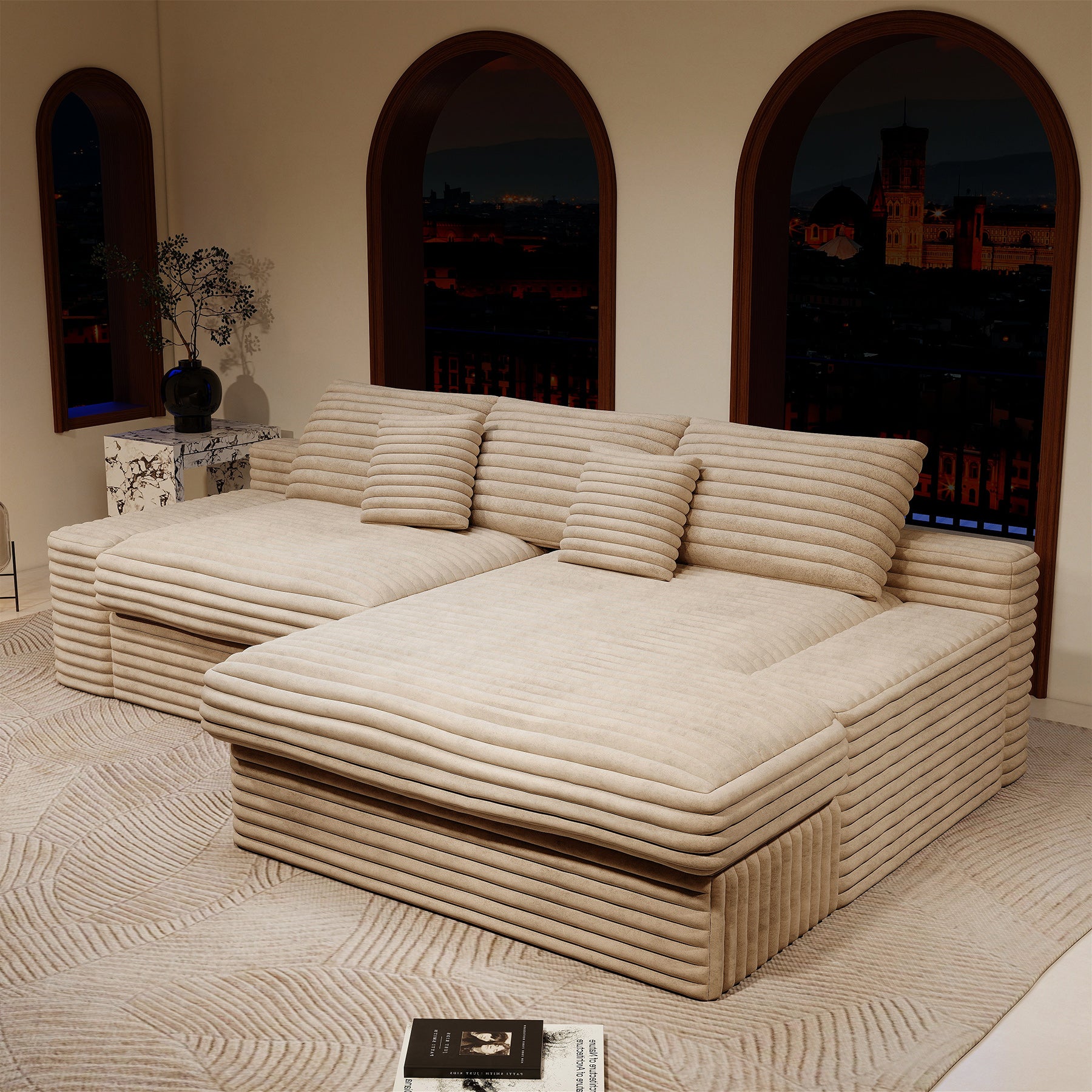 Modular Corduroy Sectional Sofa - Beige, No Assembly