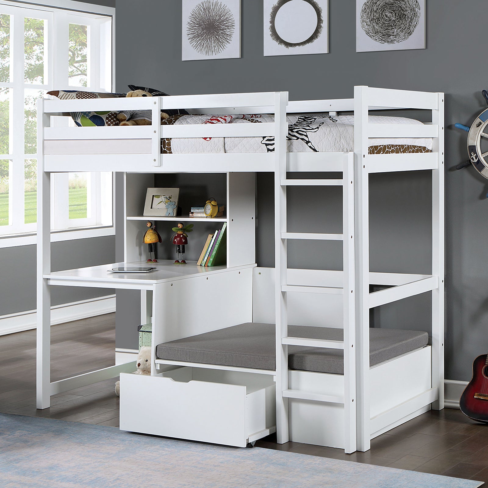 Modern White Twin Loft Bed: Desk, Storage, Bookcase - Transitional Style
