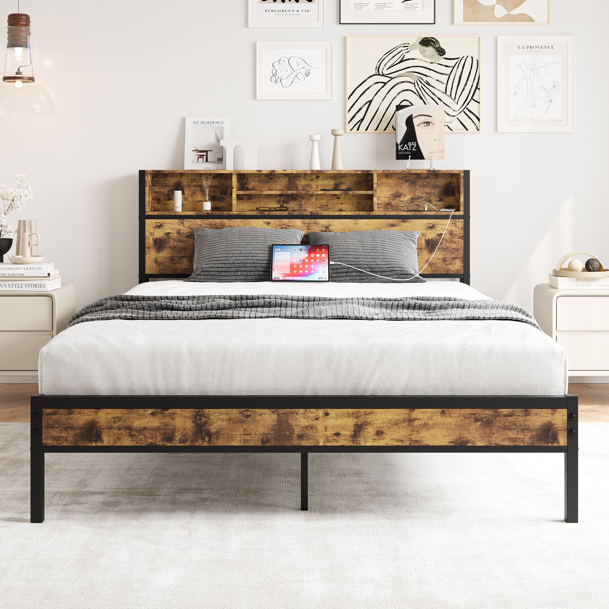 Queen Metal Platform Bed w/Storage Headboard, Charging, No Box Spring