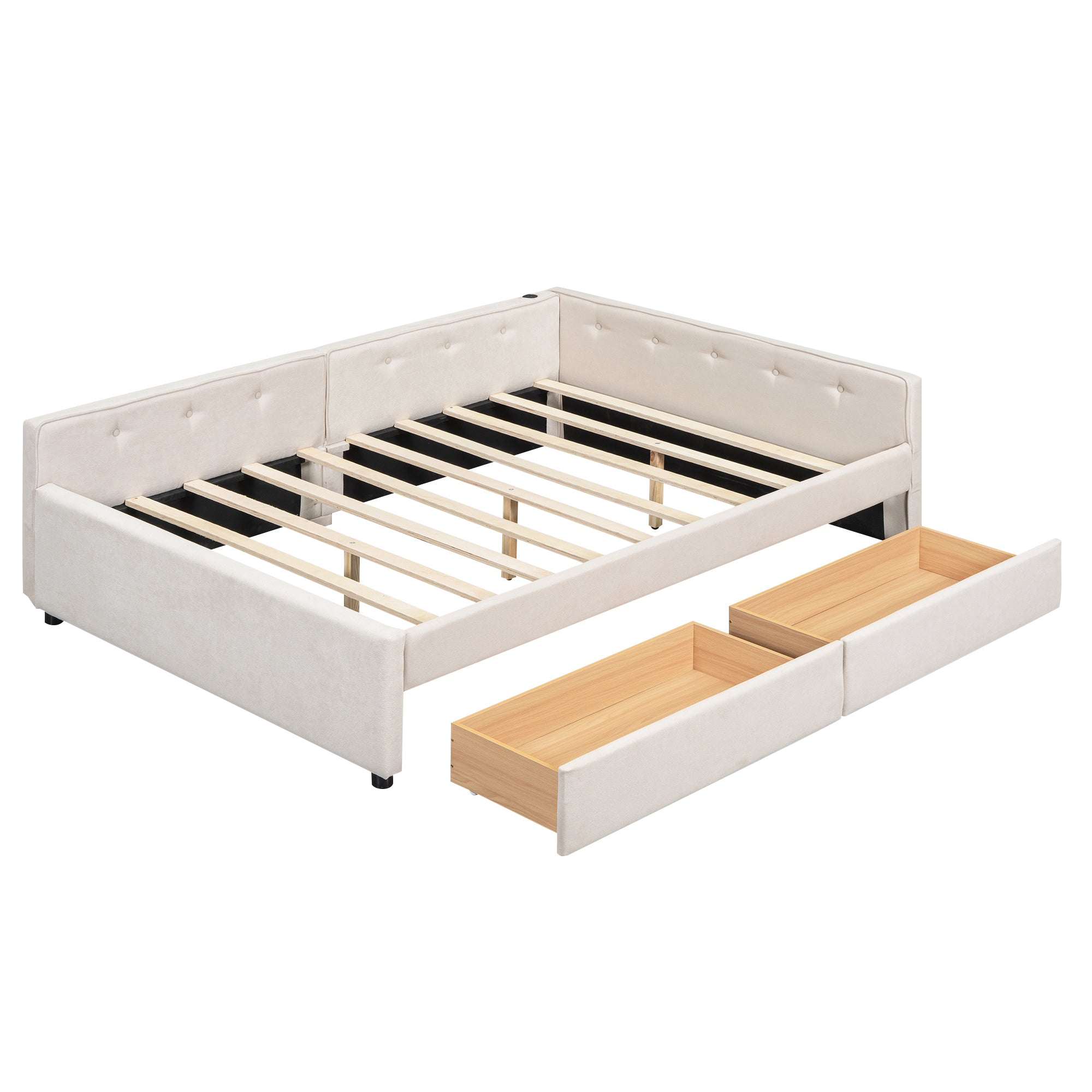 Full Beige Upholstered Platform Bed with USB Ports & Storage Drawers