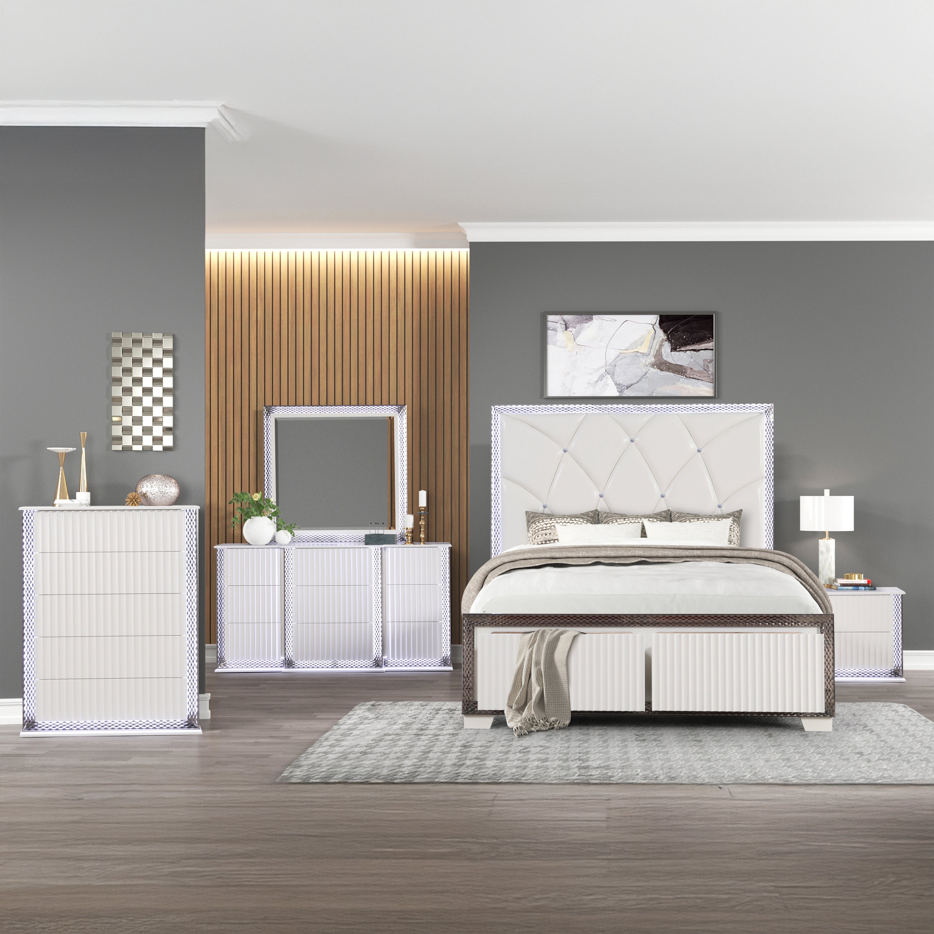 Fabio Queen 5PC White Bedroom Set | LED & Diamond Accents