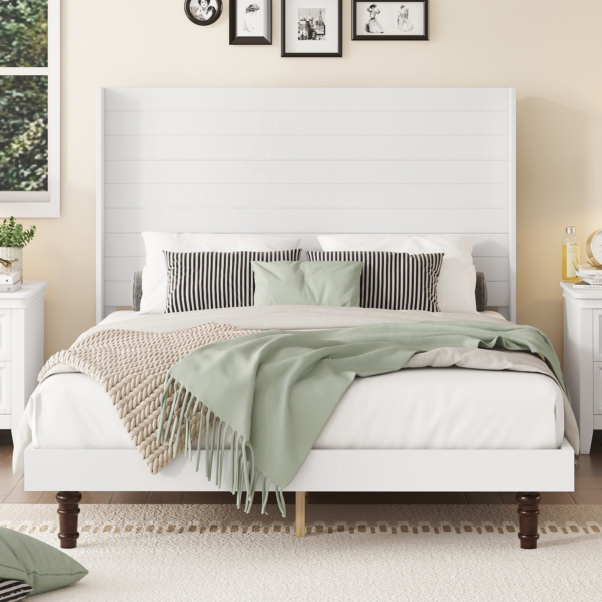 Stylish White Queen Bed with 54" High Headboard for Reading