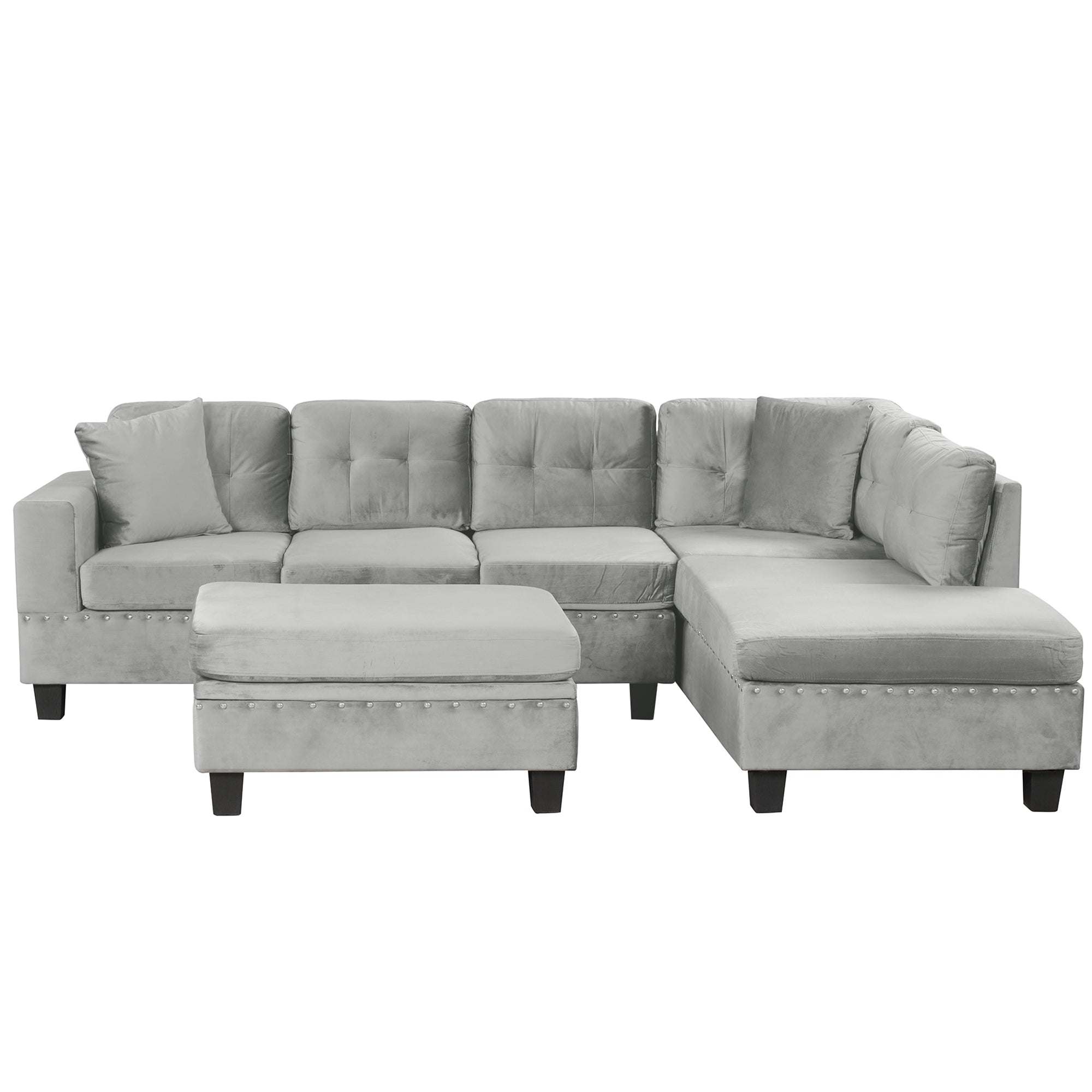 Modern Sectional Sofa with Storage Ottoman, Gray Velvet L-Shape