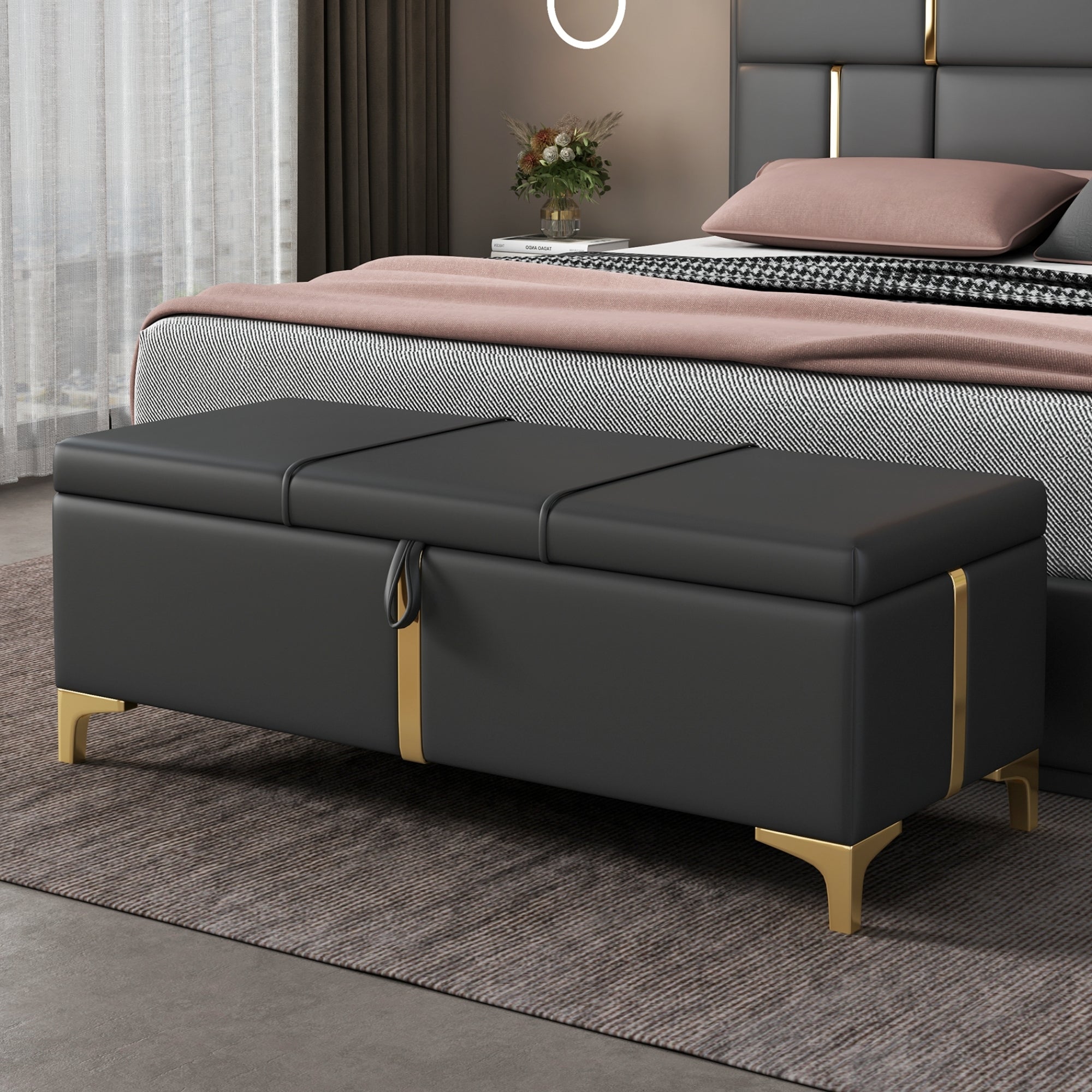 Elegant Upholstered Storage Ottoman Bench, Metal Legs, Black