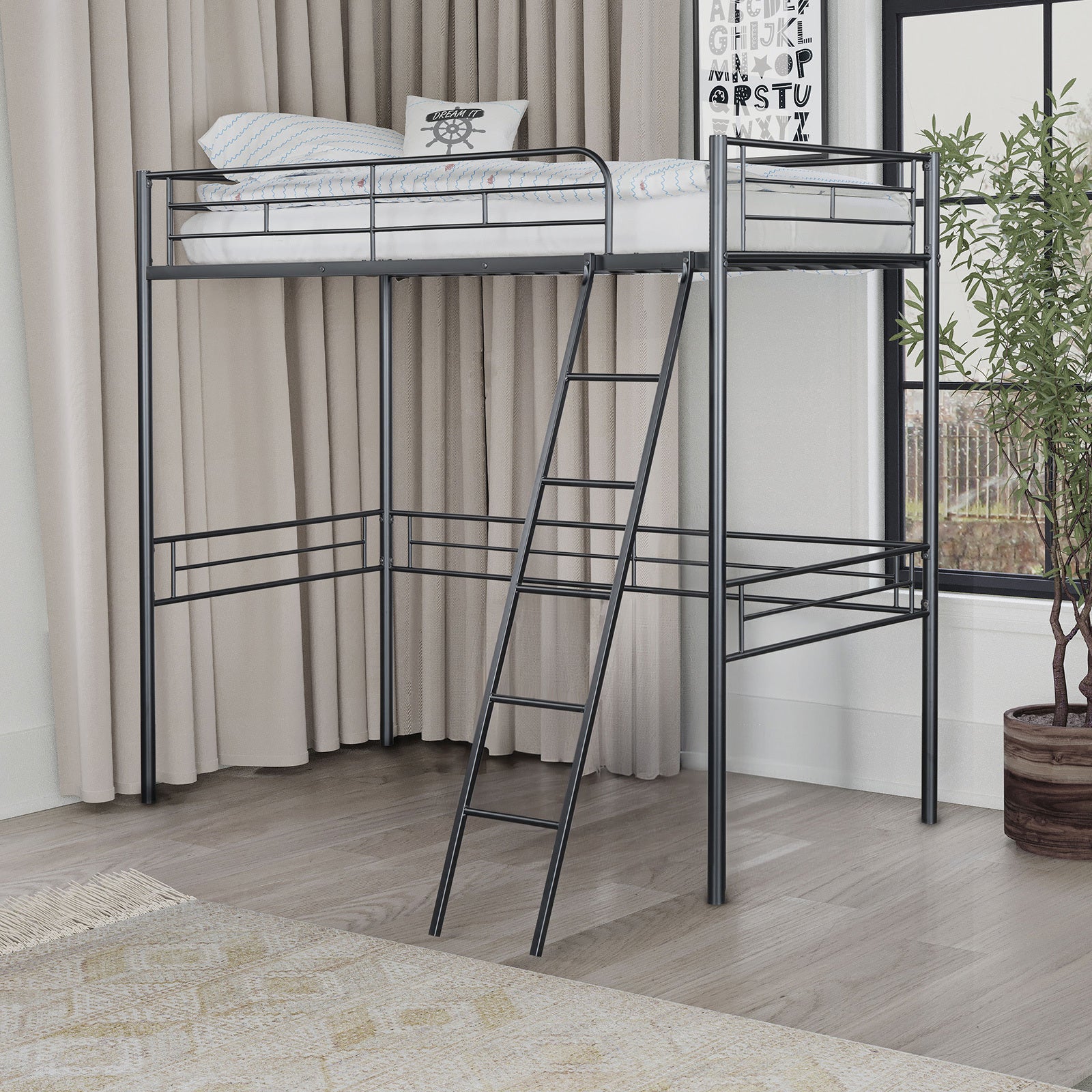 Black Metal Twin Loft Bed: Contemporary Style & Open Space