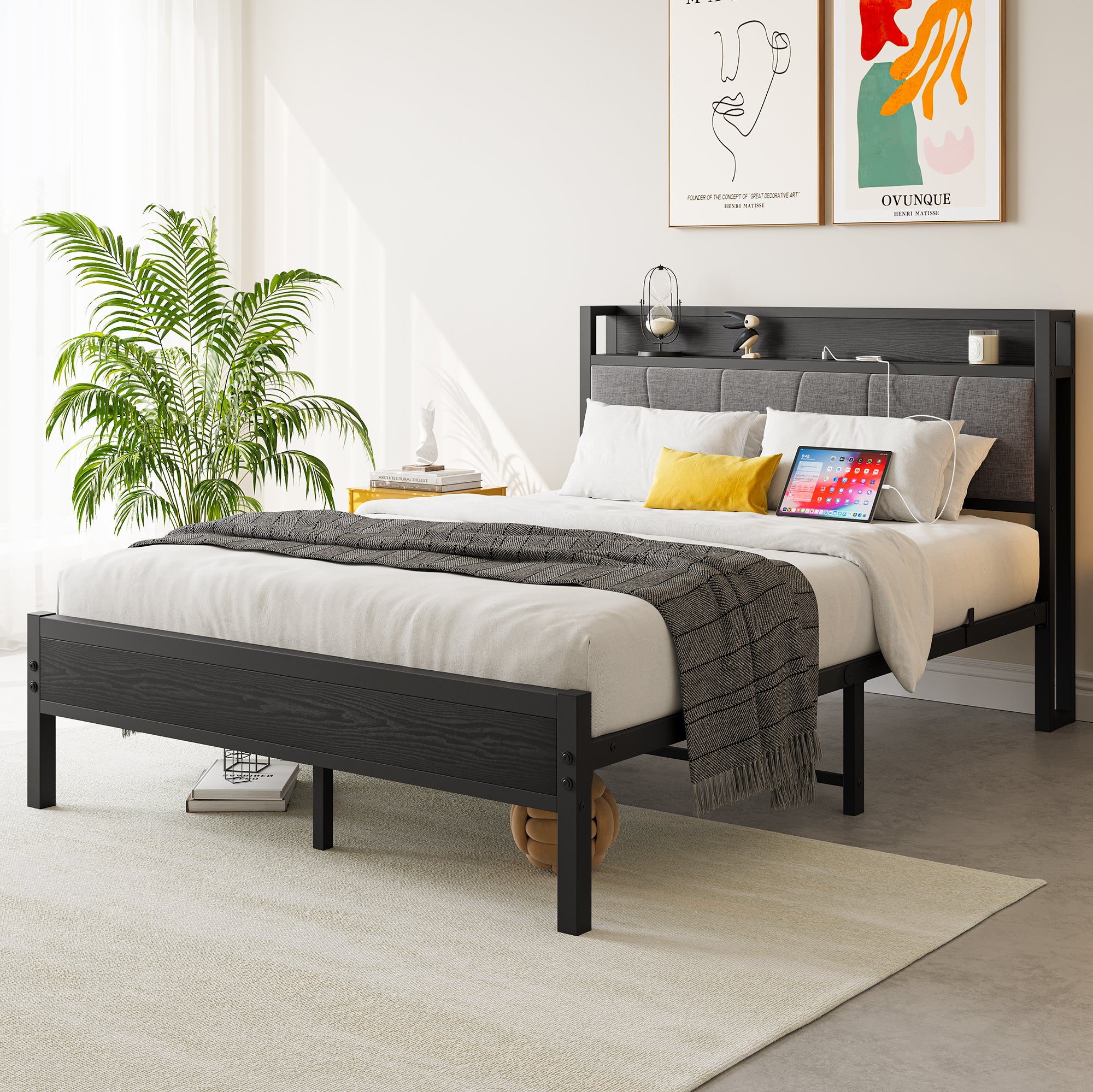 Full Size Bed Frame with Storage Headboard, USB, No Box Spring