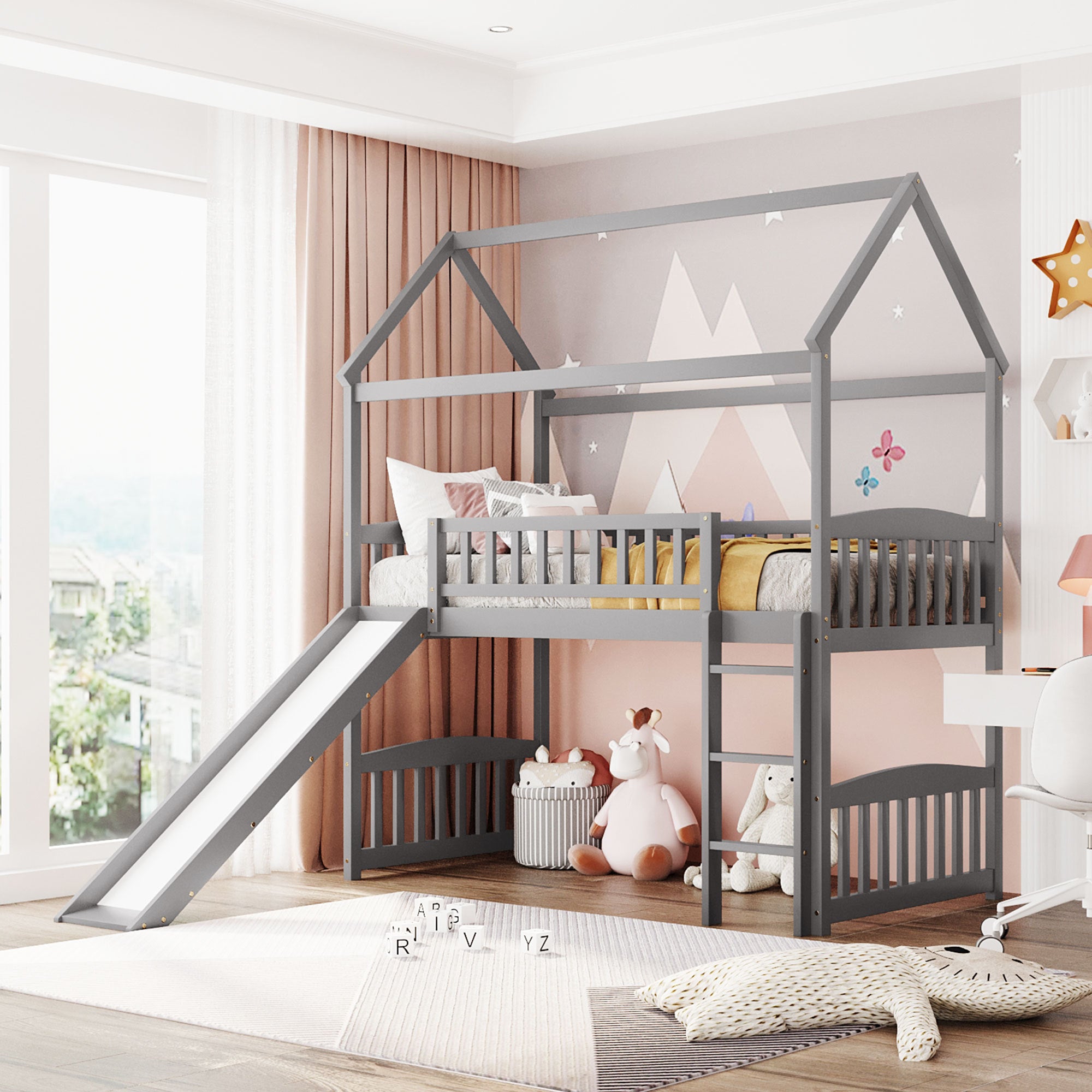 Twin Loft House Bed with Slide - Gray Kids Bedroom Furniture