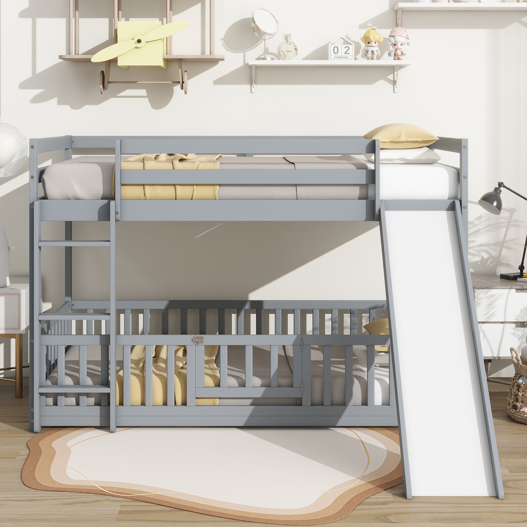 Grey Twin Over Twin Floor Bunk Bed: Slide, Ladder, Door & Guardrails
