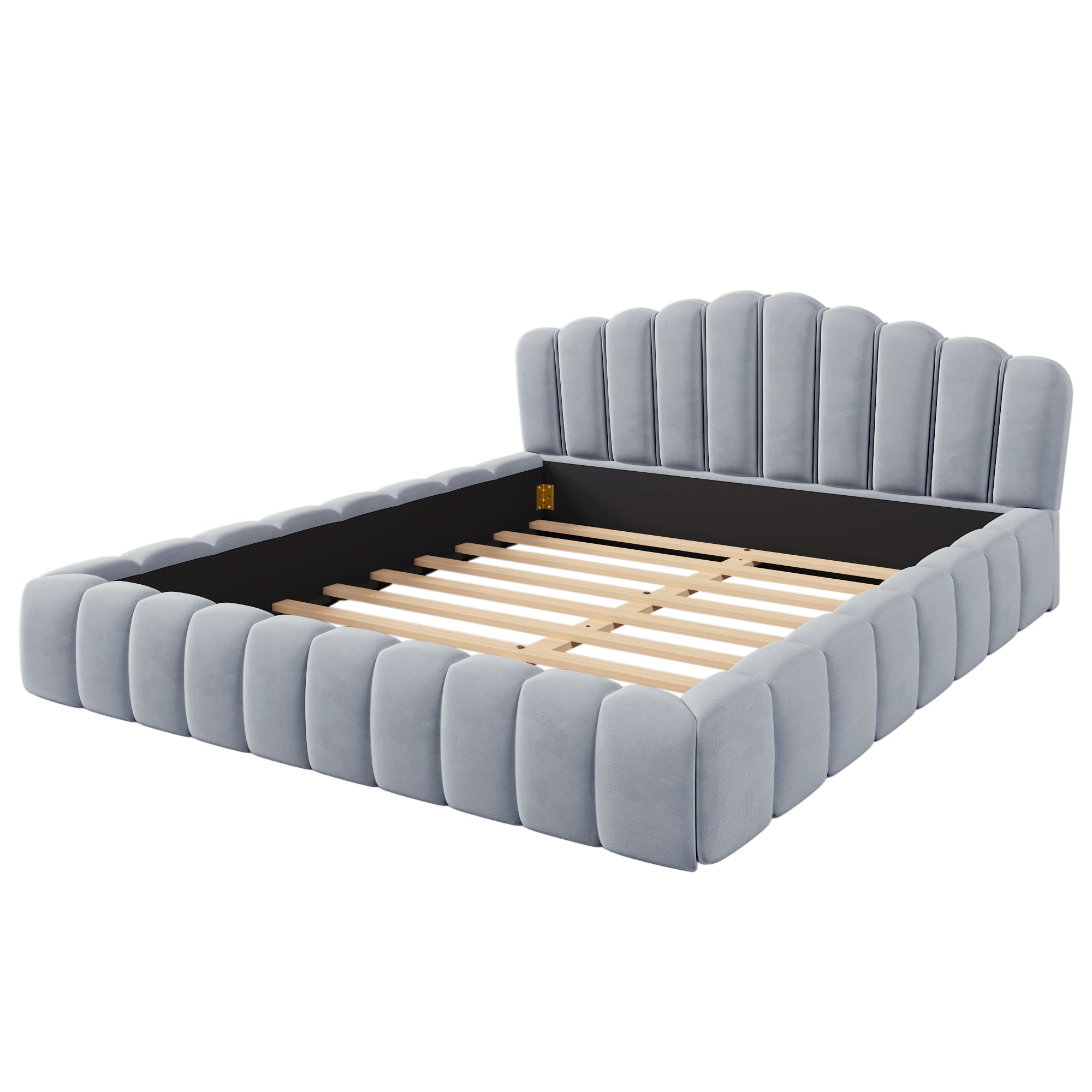 Velvet Queen Floor Bed Frame: Light Blue Shell Headboard, No Box Spring