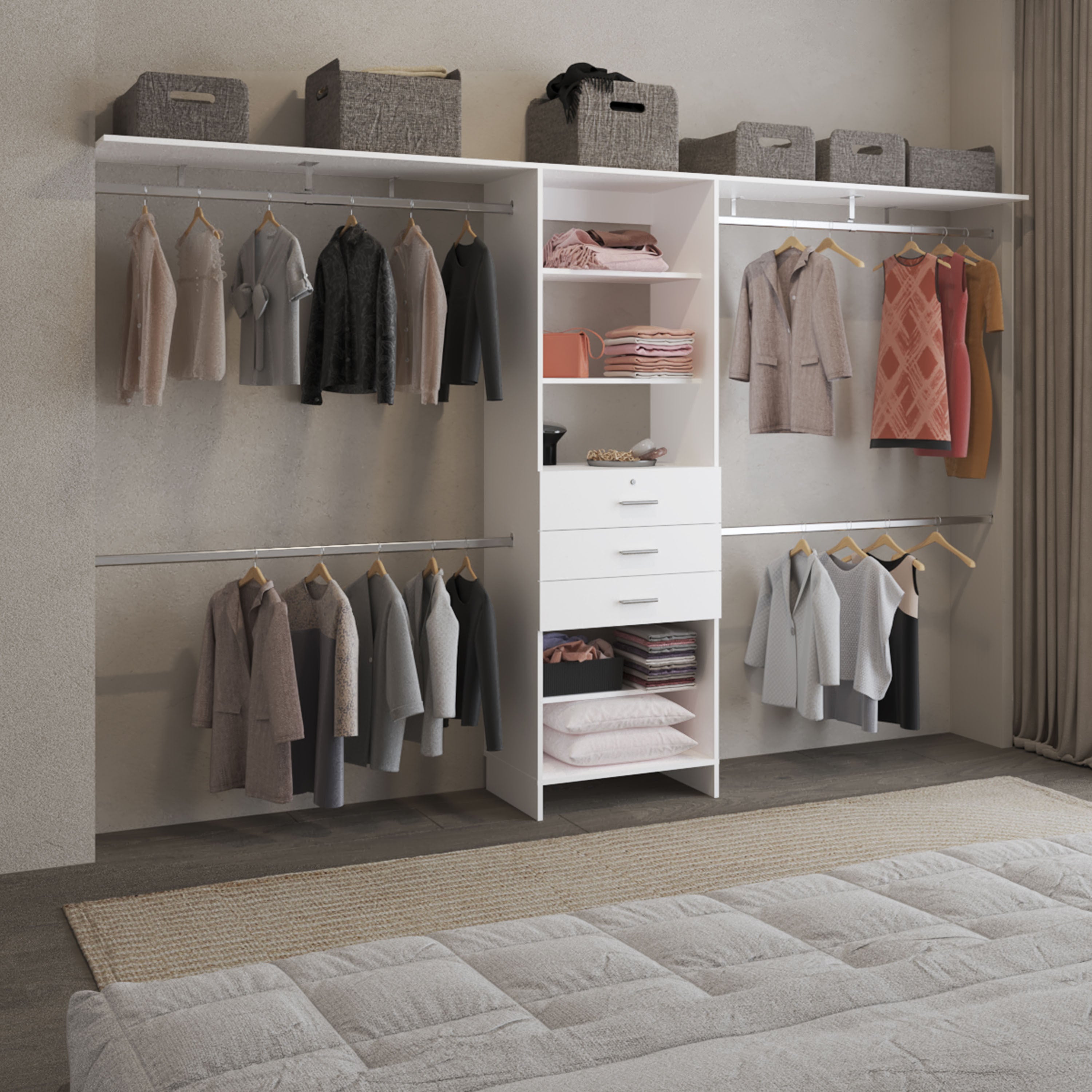 Plego White Closet System: Drawers, Shelves, Rods (69-118"W)