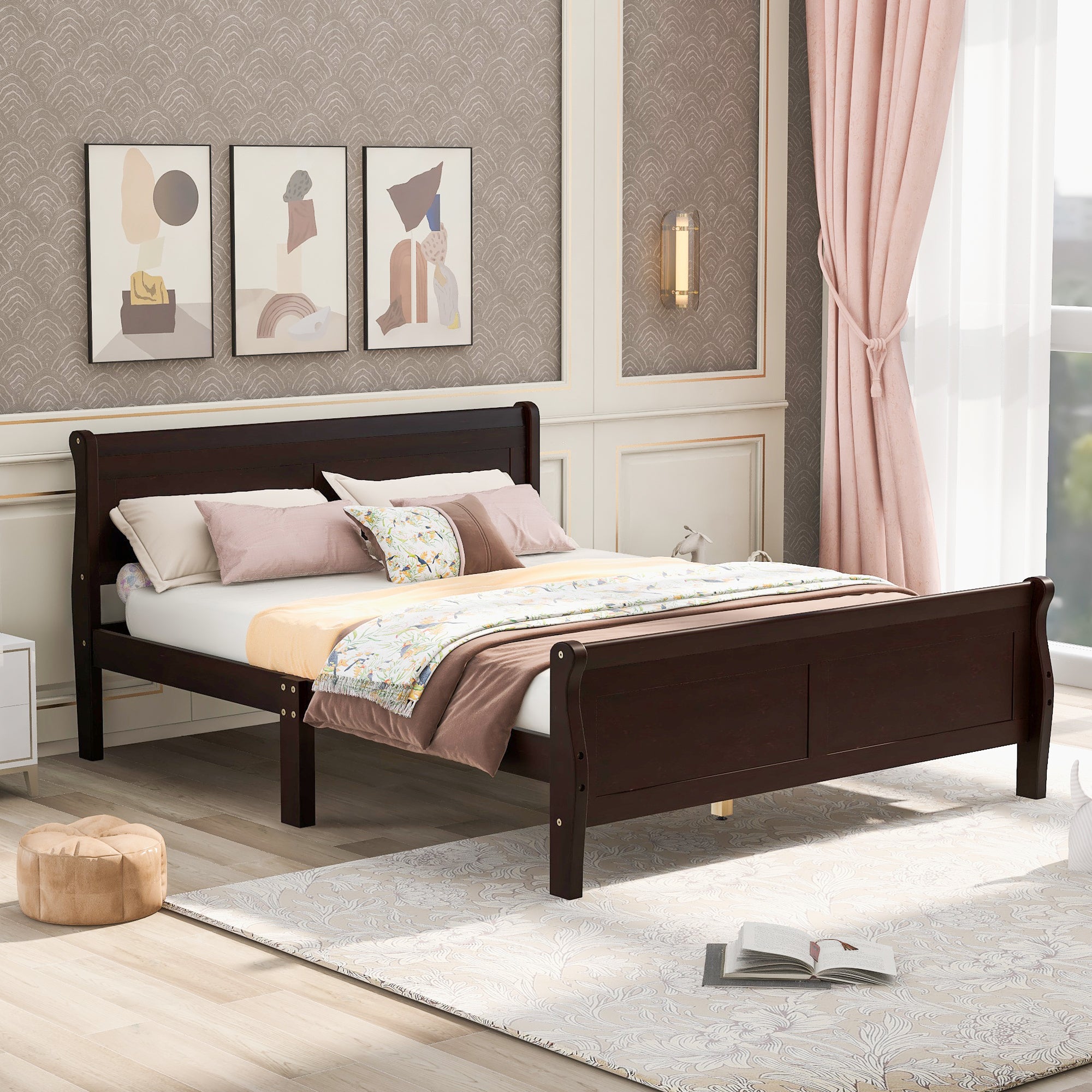 Full Size Wood Platform Bed with Headboard & Slat Support, Espresso