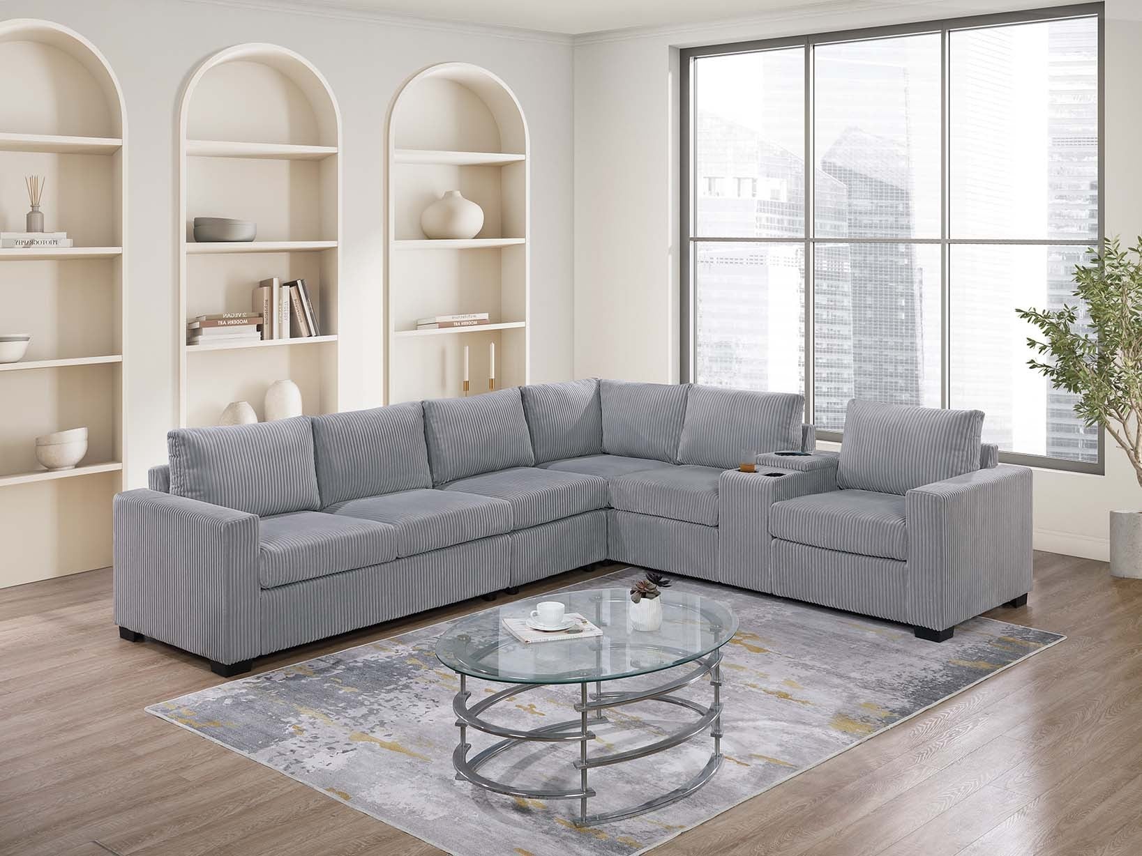 Modern Light Gray Corduroy 6pc Large Family Sectional Couch