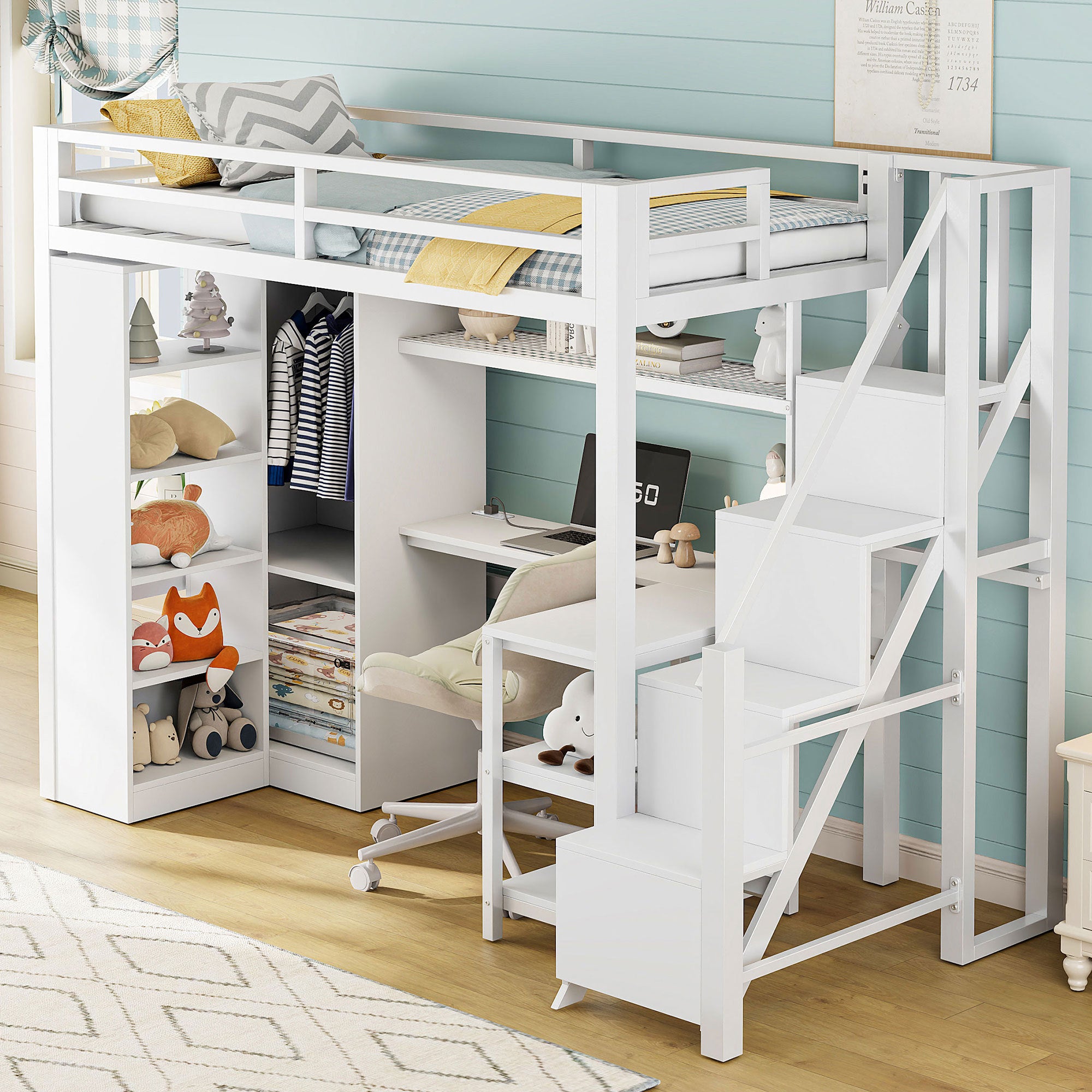 Metal Twin Loft Bed: White, Desk, Wardrobe, USB, Stepped Stairs