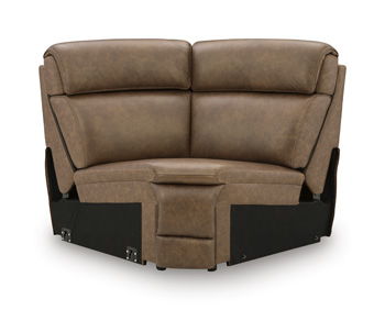 Brown upholstered corner wedge seat with padded arms and backrest