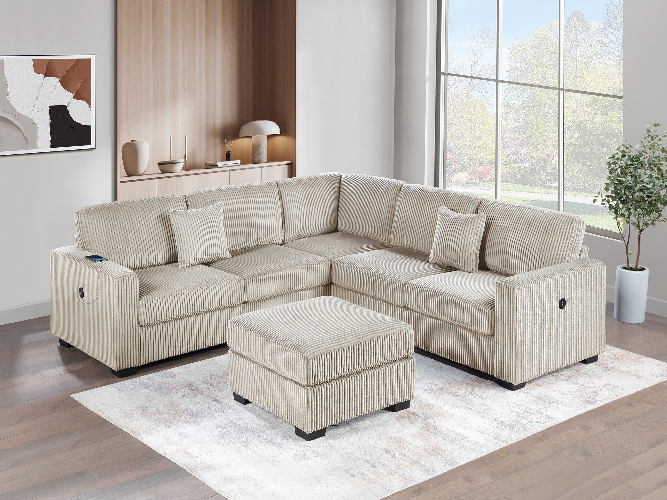 Living Room Camel Corduroy 4pc Sectional w/ USB Ottoman