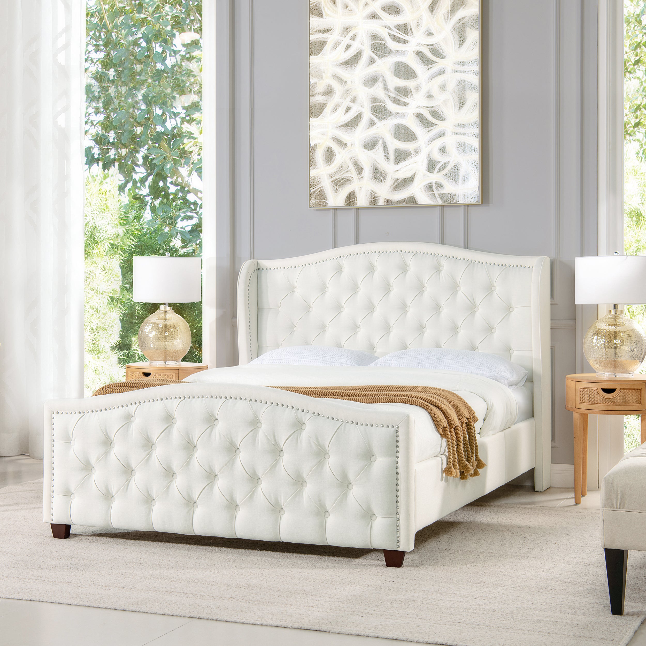 Fontana Wingback Queen Upholstered Platform Bed - Antique White