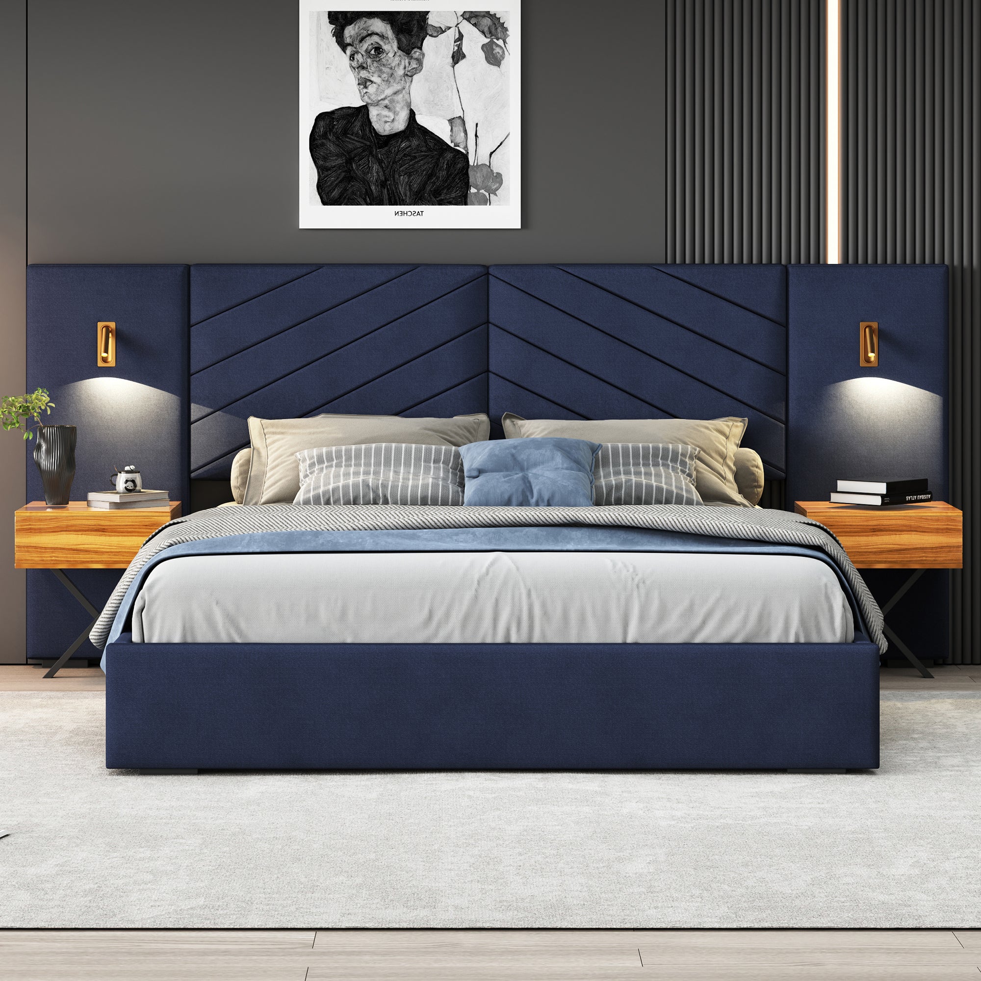King Royal Blue Velvet Tufted Wingback Platform Bed Frame