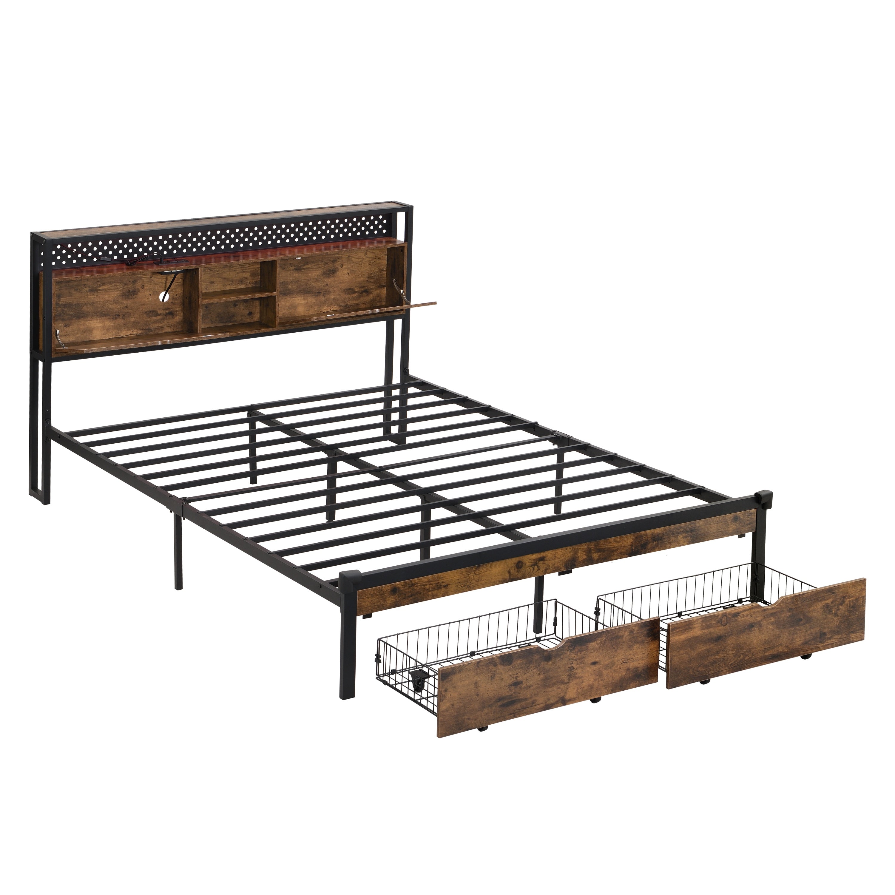 Modern Metal Platform Bed w/ Headboard, USB, Storage