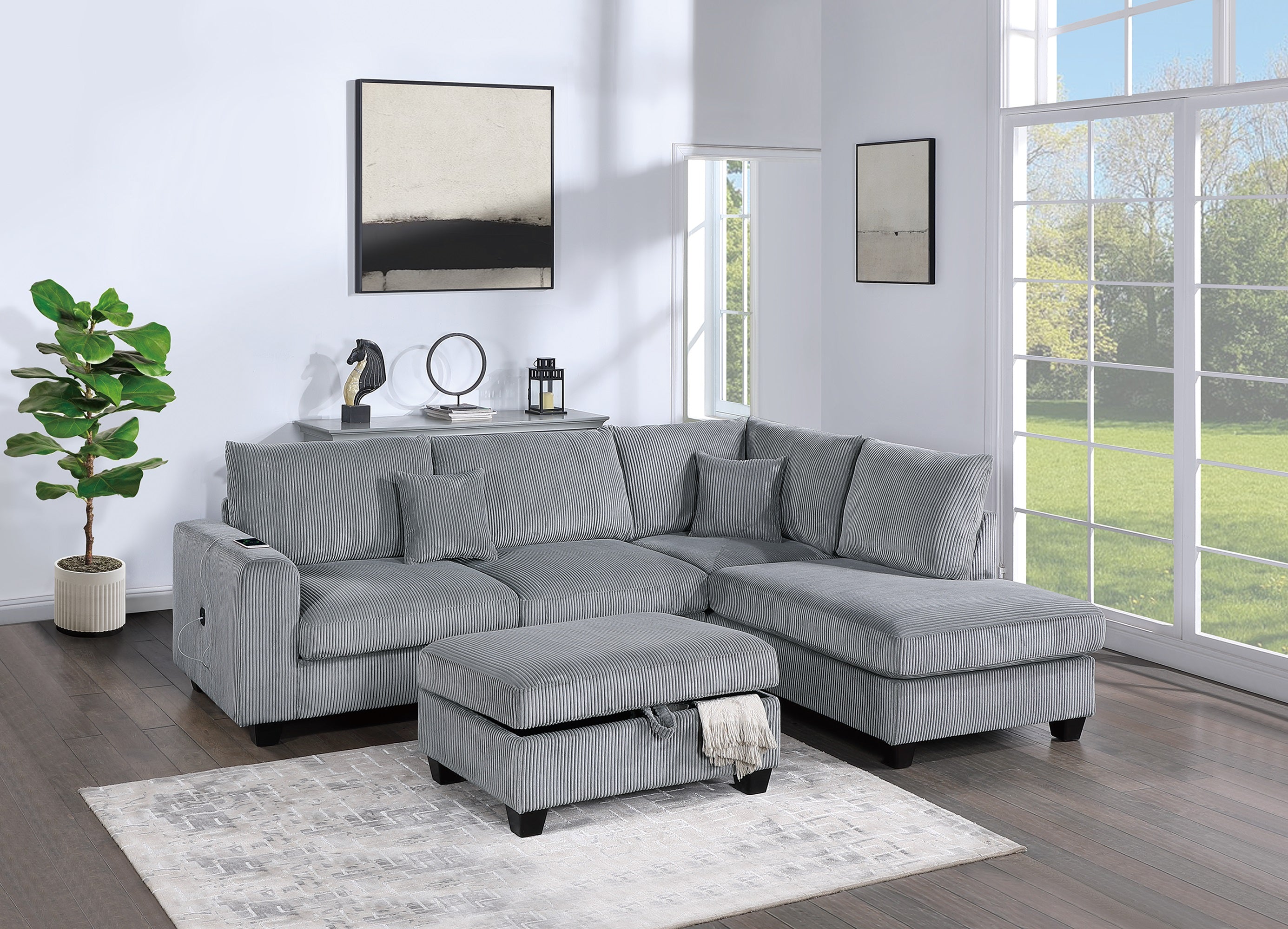 Contemporary Fog Corduroy L-Sectional Sofa Chaise Ottoman Set