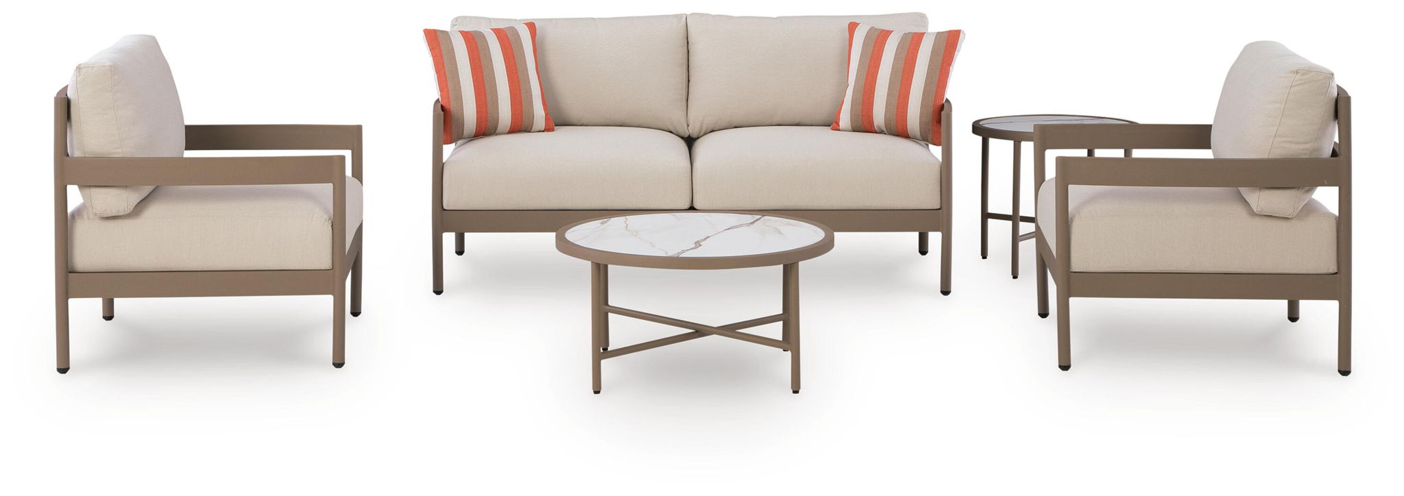 Beige patio furniture set with loveseat, two lounge chairs, and two round side tables