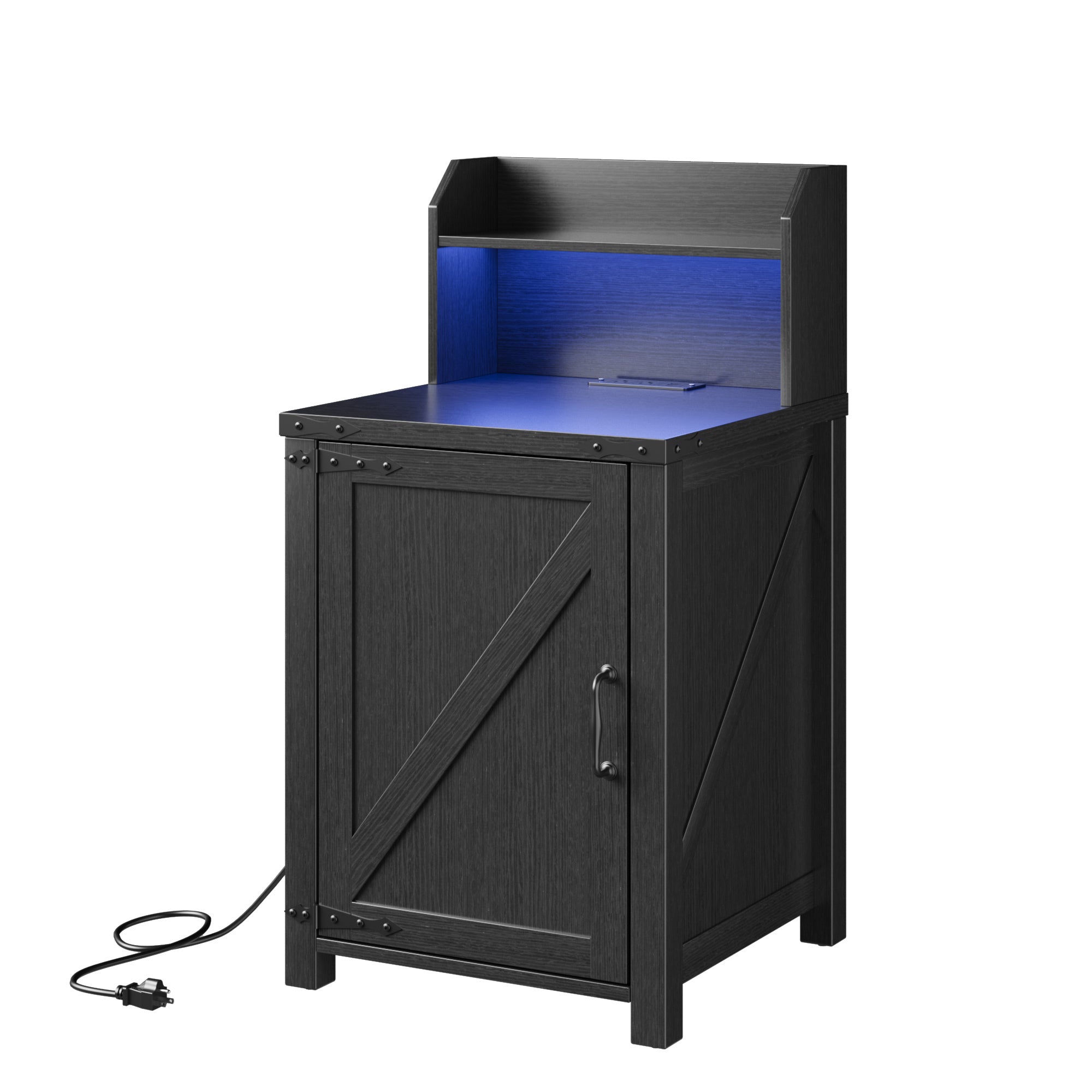 OKD Farmhouse Nightstand w/ Charging Station & Barn Door Storage