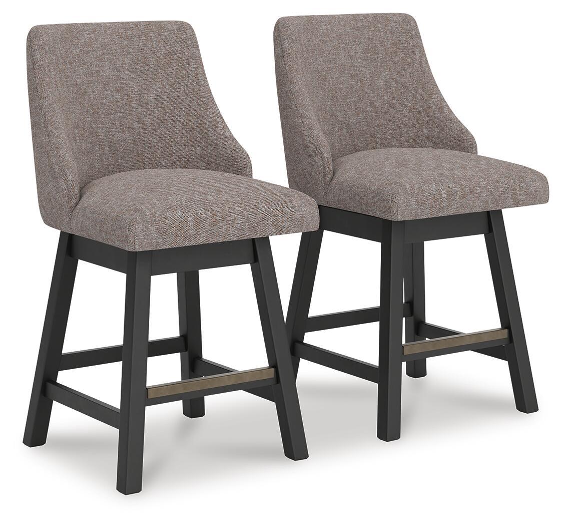 Set of 2 upholstered barstools, dark gray-brown fabric, rounded backrest, dark legs
