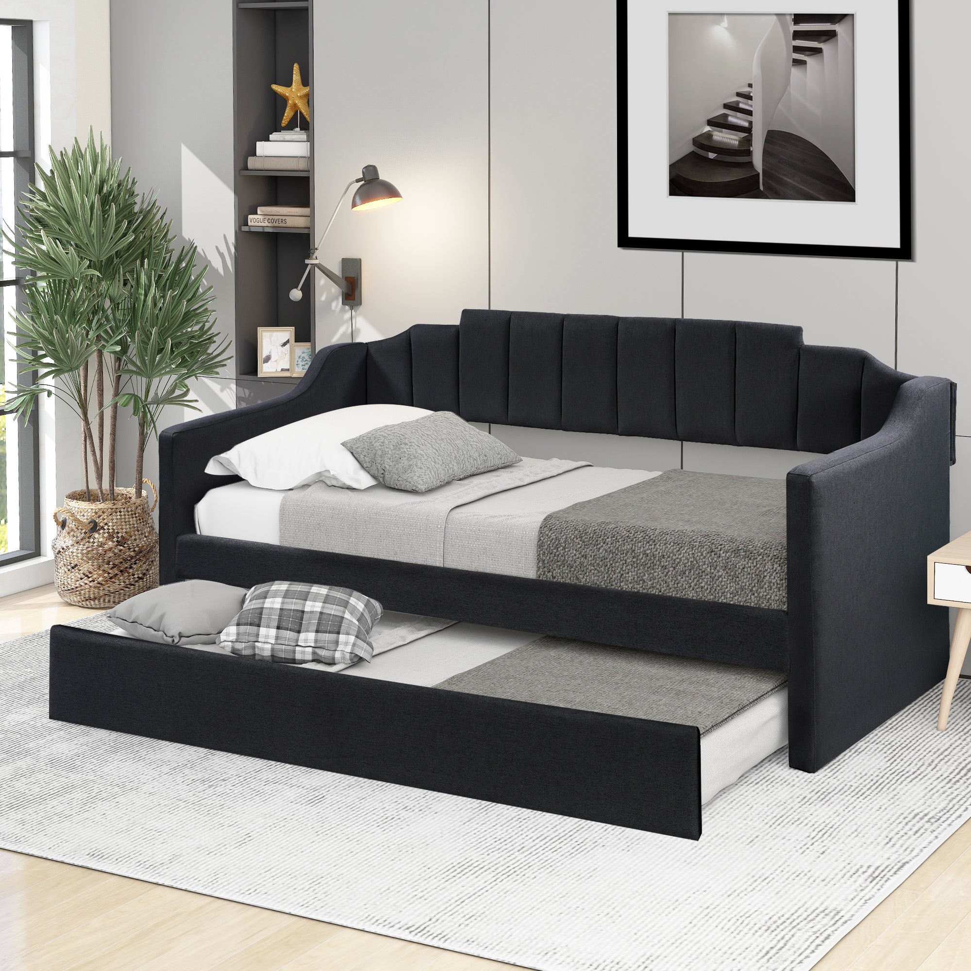 Black Upholstered Twin Daybed with Trundle - Space-Saving Design