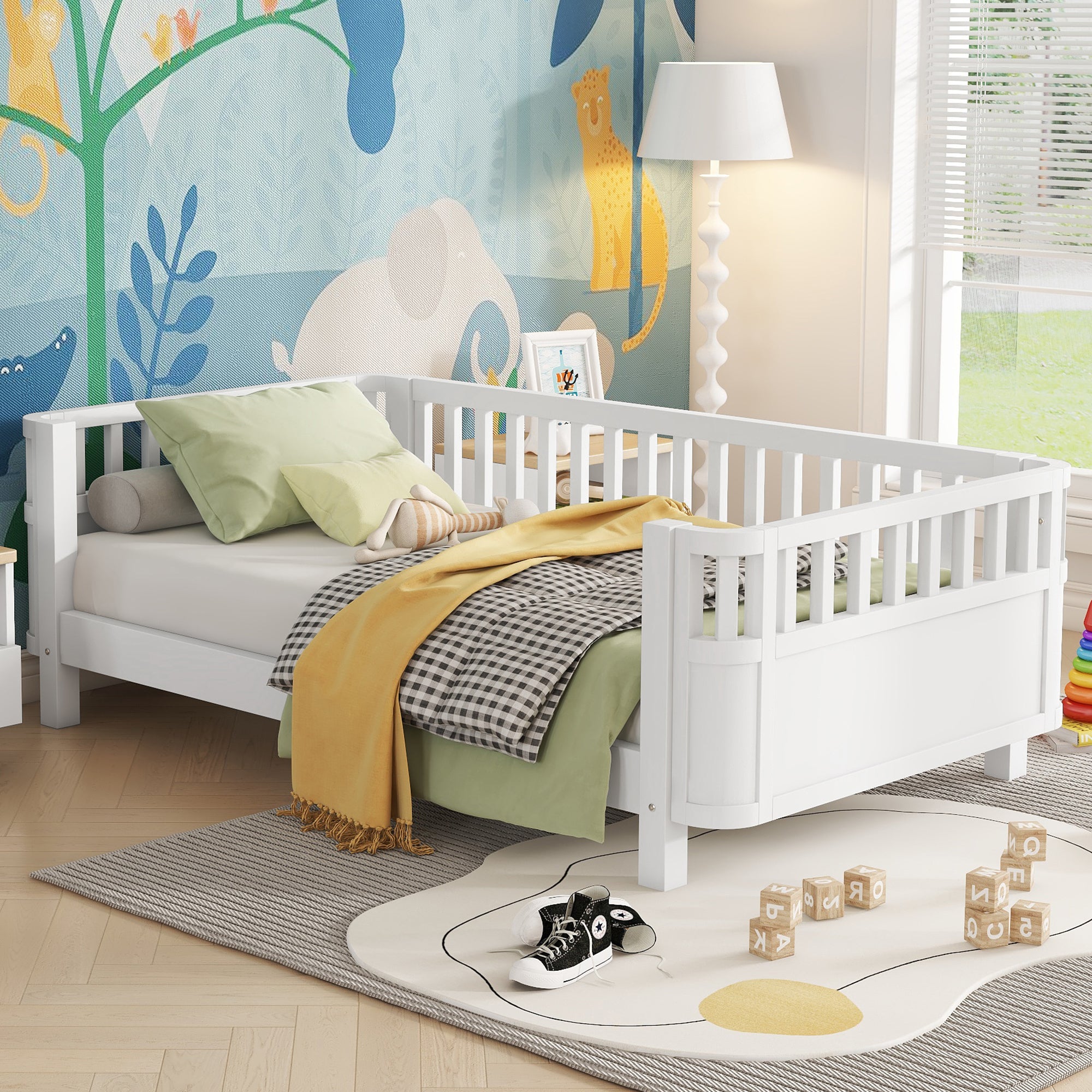 Twin Wood Platform Bed for Kids with Rails - Low Profile, White (Patented)