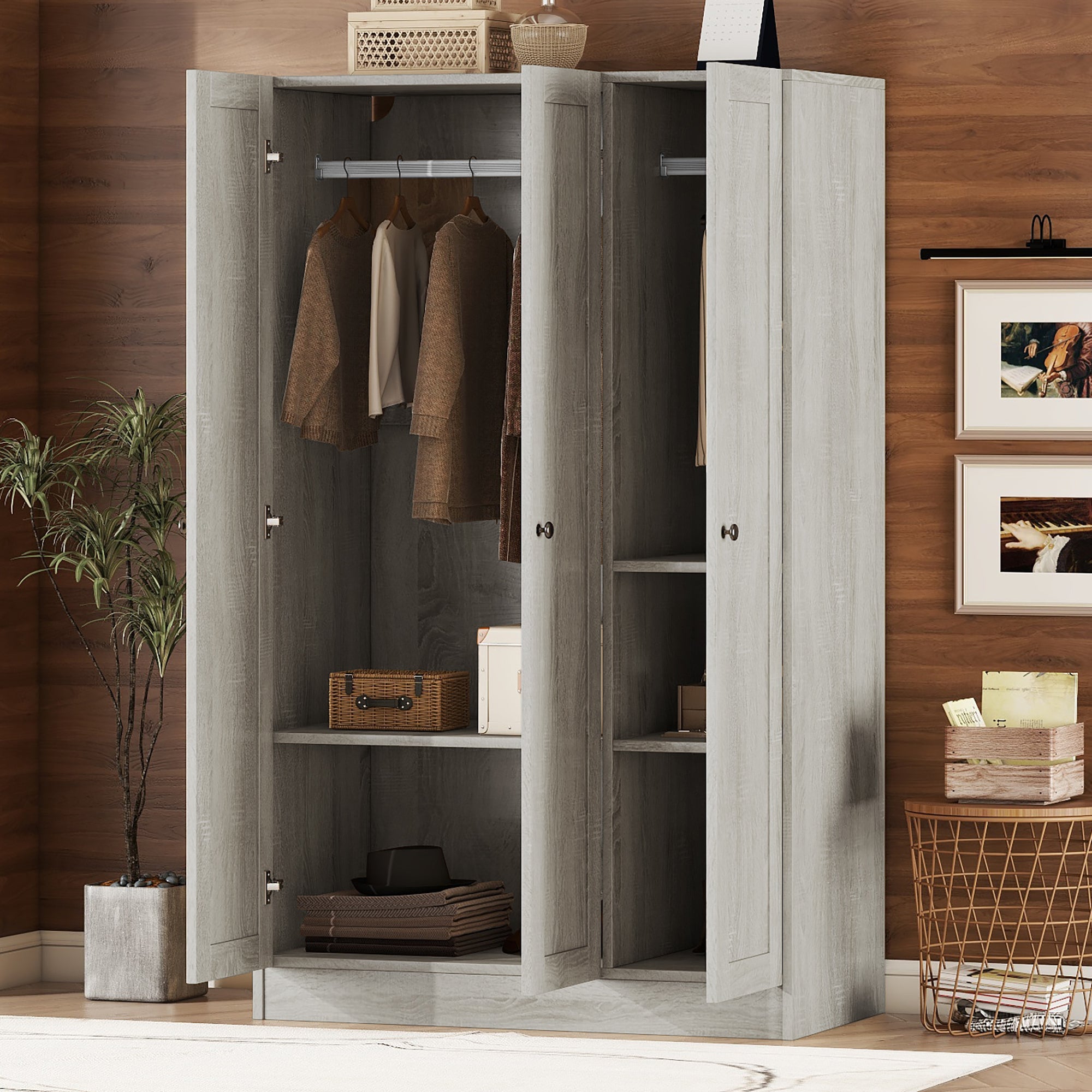 Gray 3-Door Shutter Wardrobe with Storage Shelves