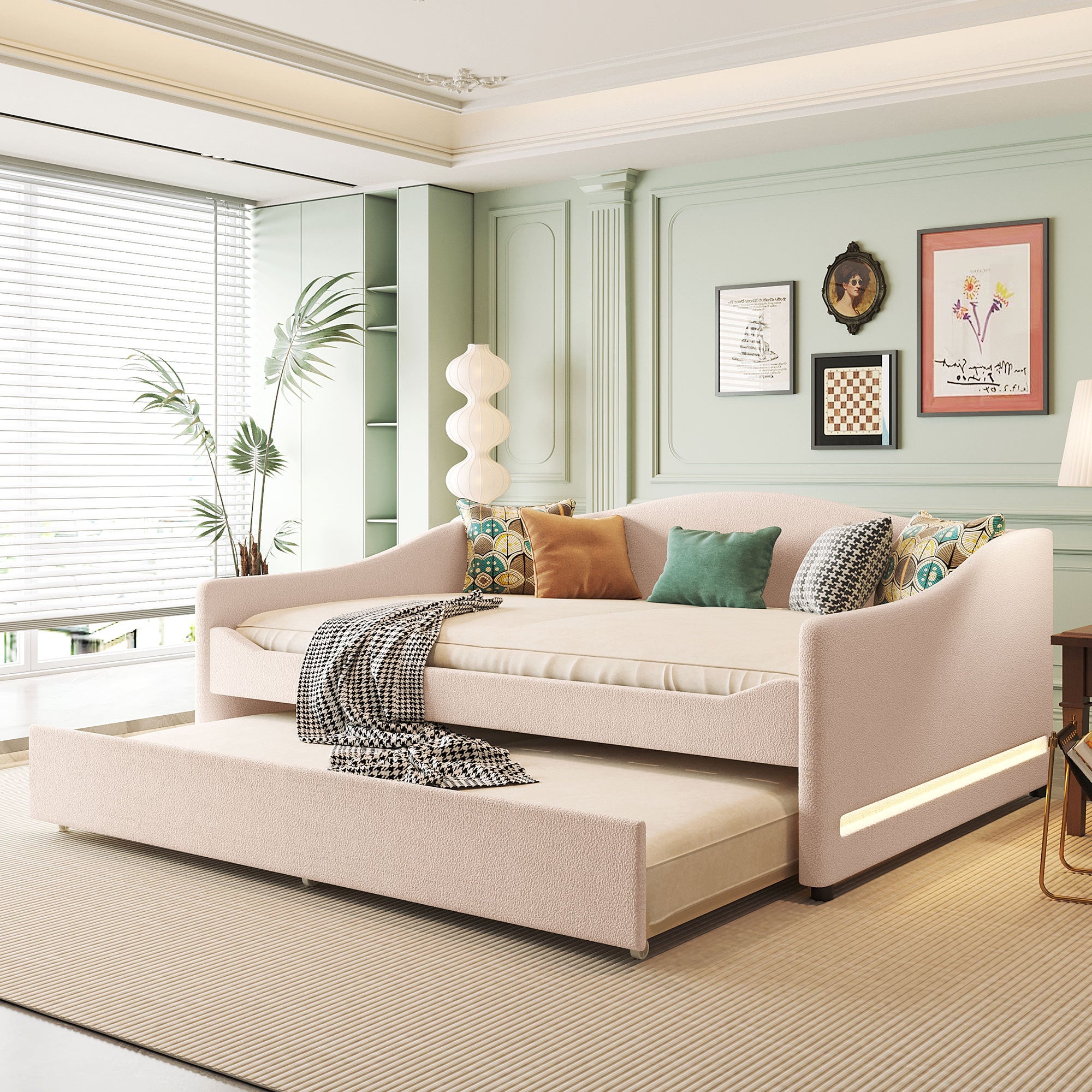 Beige Teddy Fleece Full Size Daybed: Upholstered with Light & Trundle