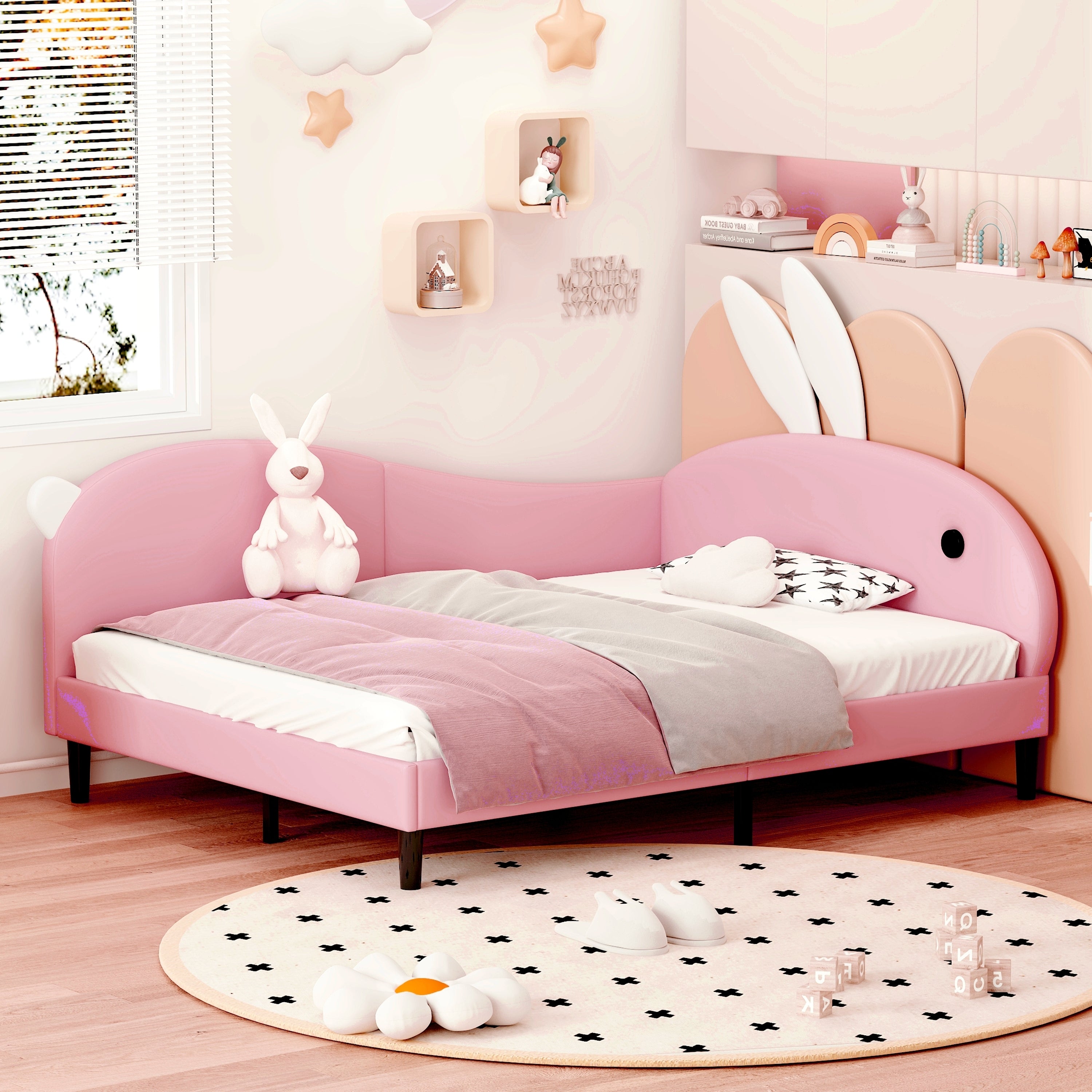 Full-Size Pink Rabbit Upholstered Daybed Sofa Bed