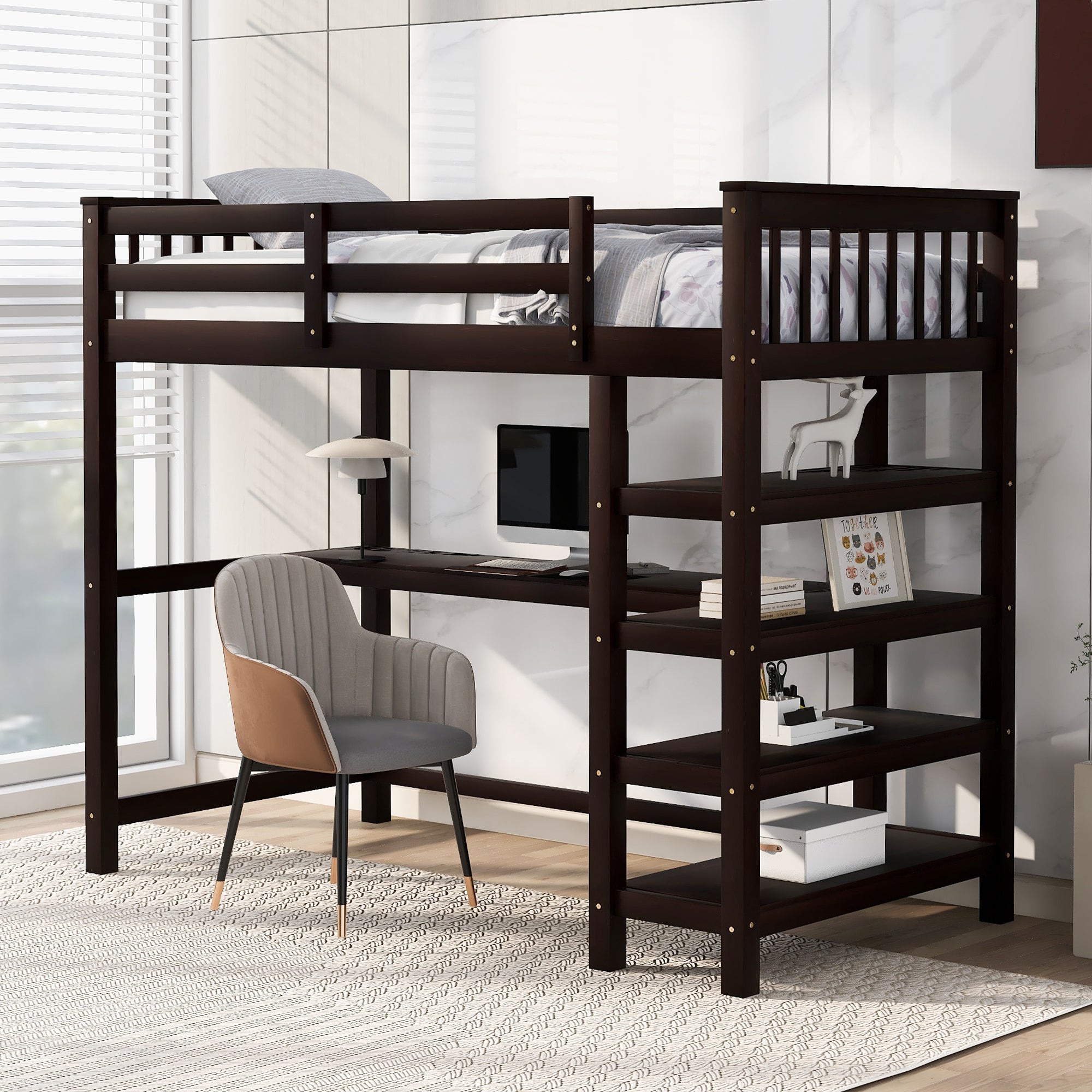 Twin Loft Bed with Storage Shelves & Desk - Space-Saving Espresso Design
