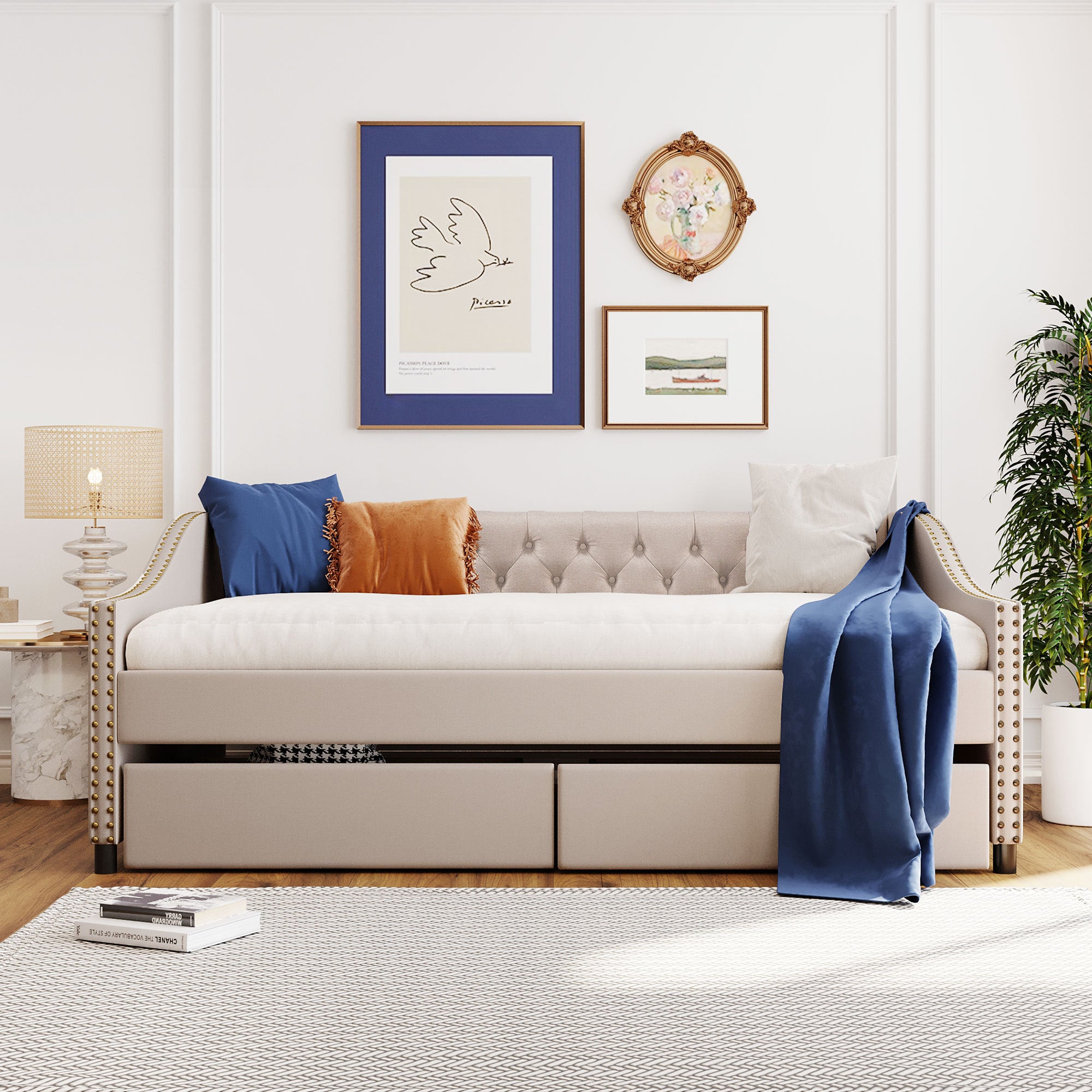 Upholstered Full Daybed with Two Drawers & Wood Slat Support - Beige