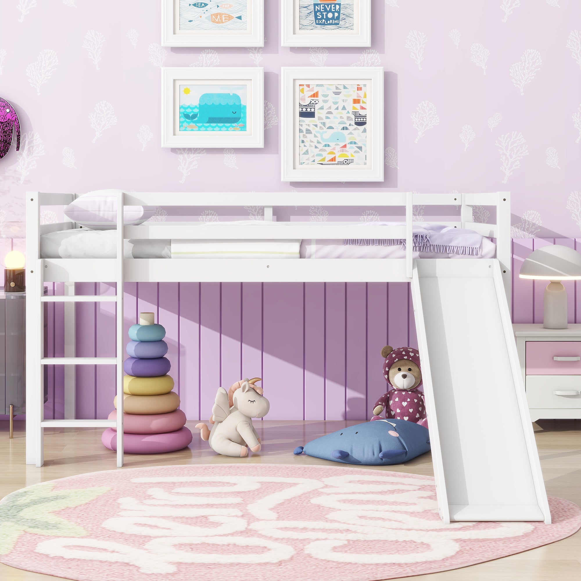 Twin Loft Bed with Slide & Ladder - White