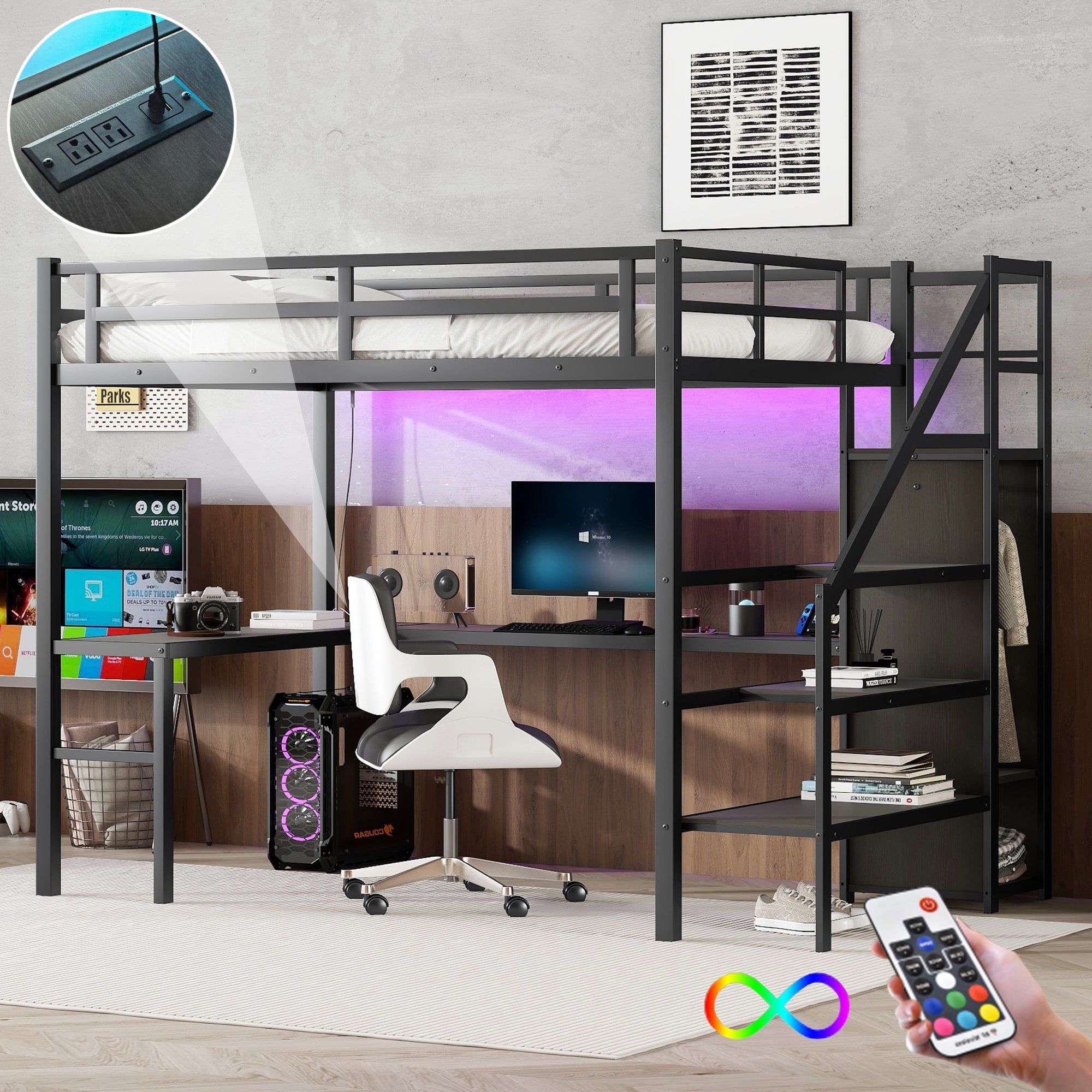 XL Loft Bed w/ Desk, Wardrobe & LED