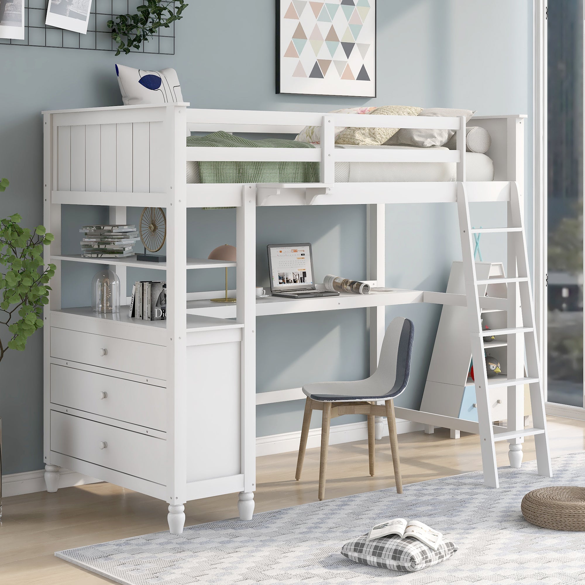 Twin Loft Bed with Desk, Drawers & Shelves - White Wood