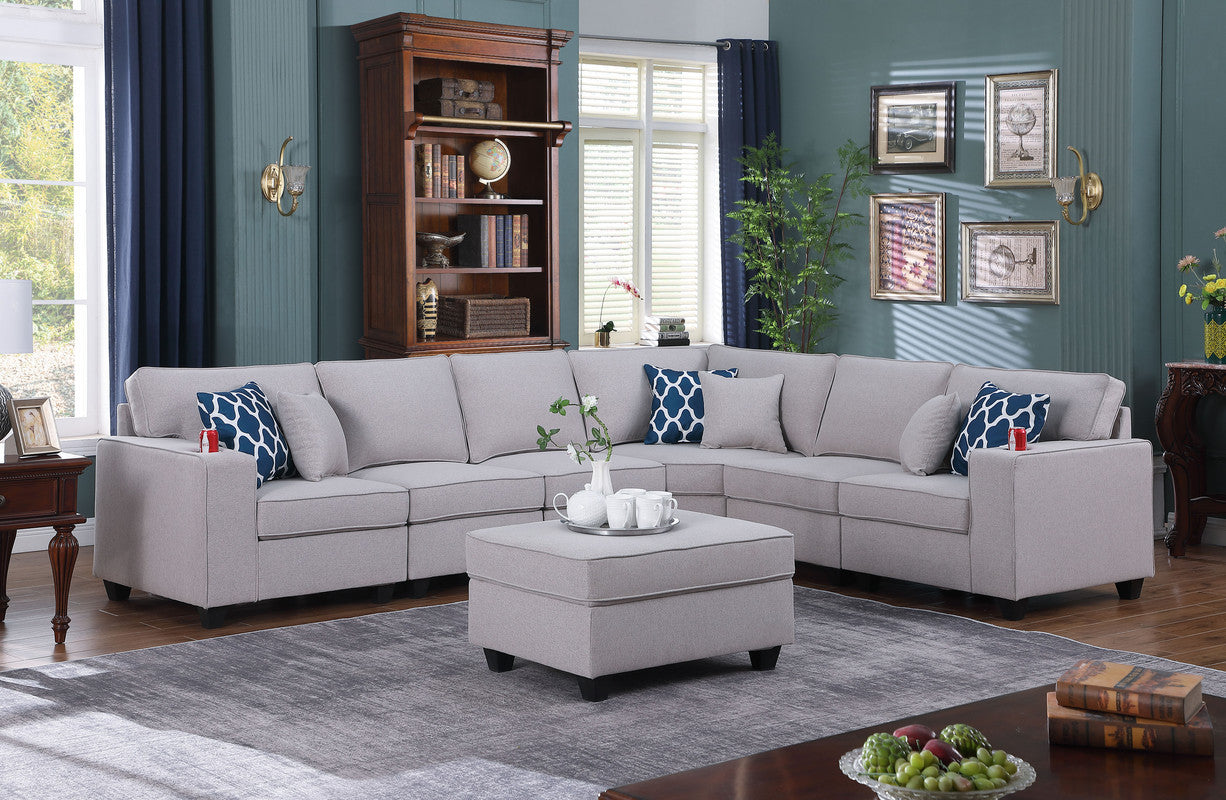 Light Gray Linen L-Shape Sectional Sofa + Ottoman & Cupholder