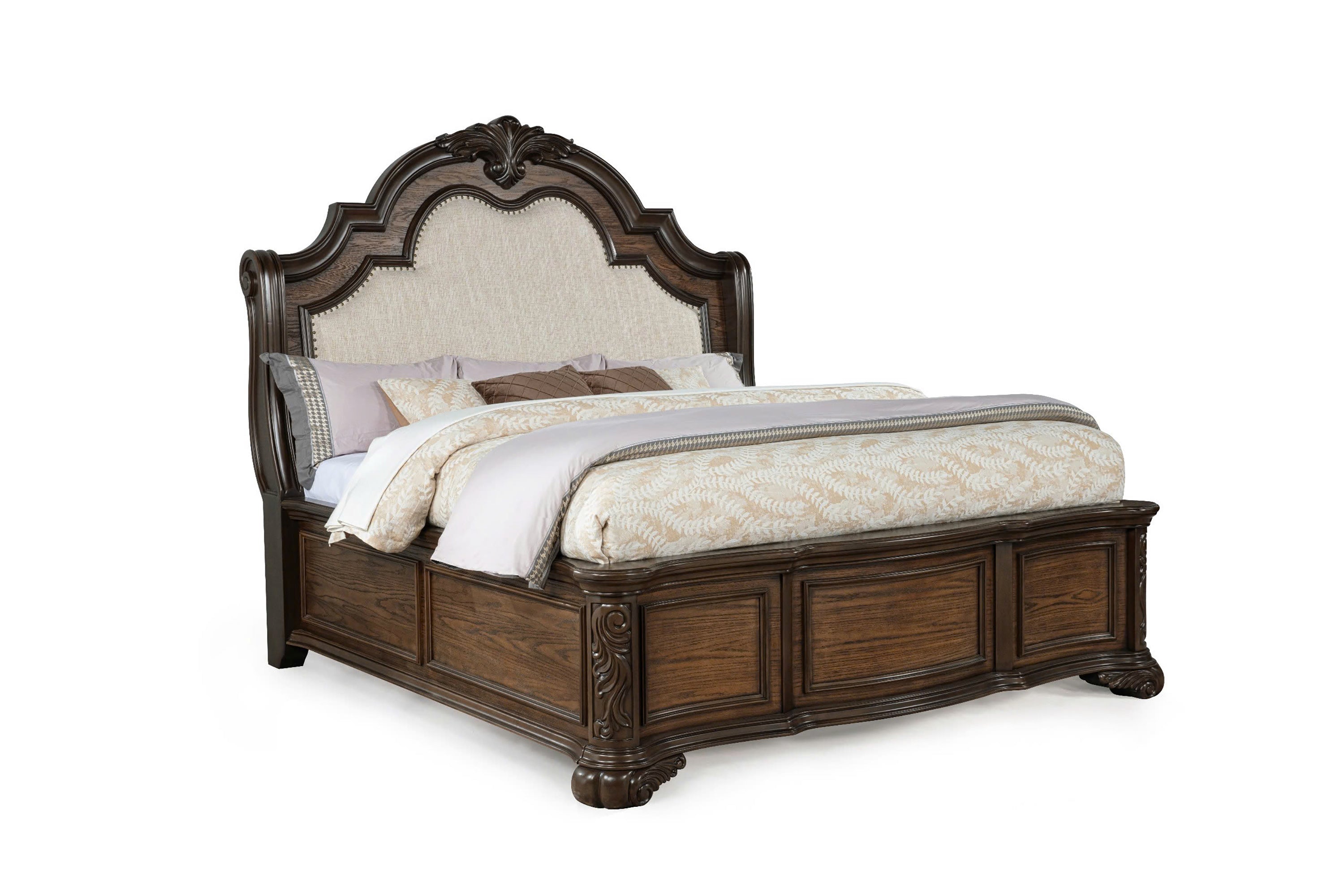 Traditional Tufted Fabric Queen Headboard - Nailhead Trim, Coffee Brown